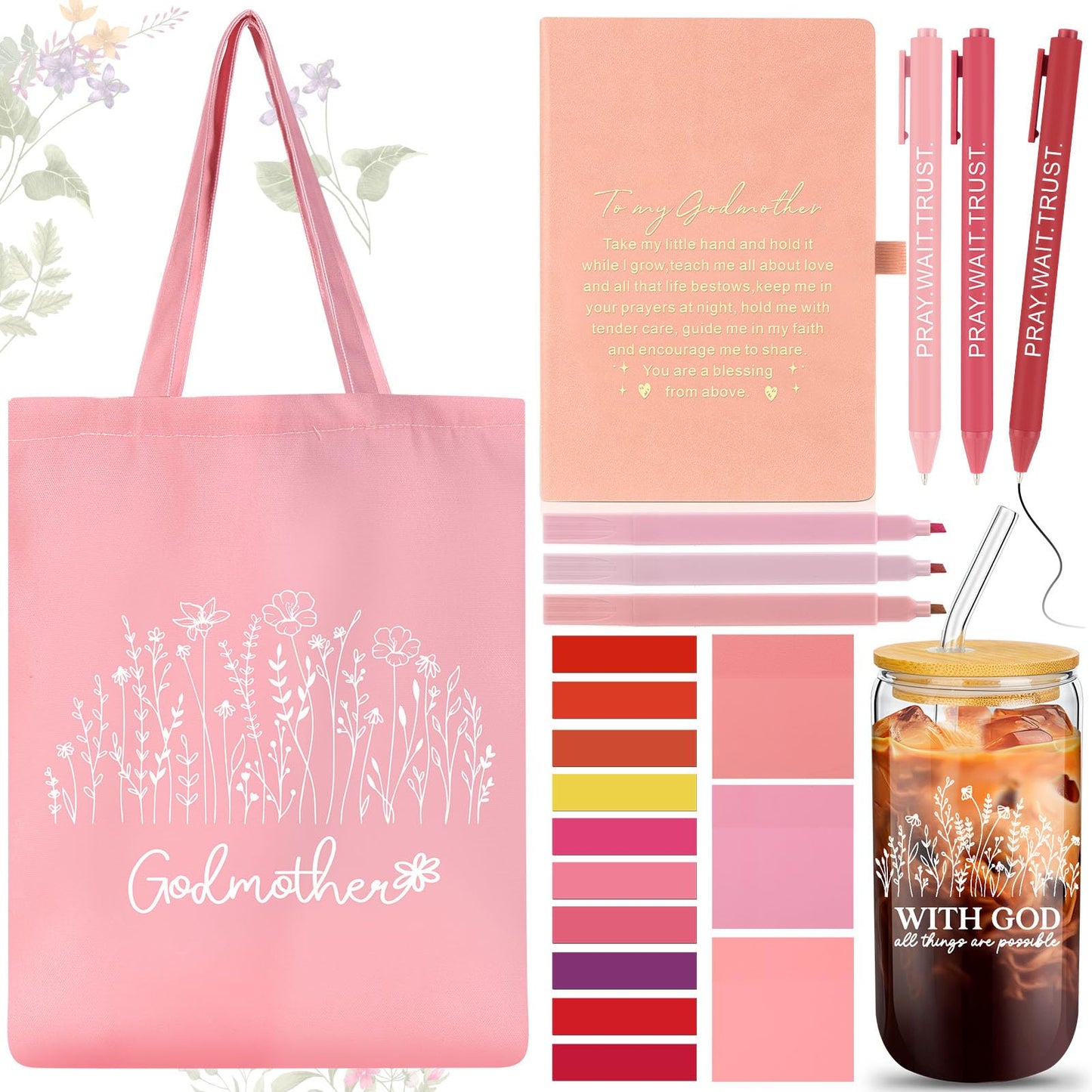 Talltalk 14 Pcs Godmother Appreciation Gift Set for Women 16oz Glass Canvas Bag A5 Journal Ballpoint Pen Notes Highlighter for Mother's Day Easter Birthday Wishes(Pink)