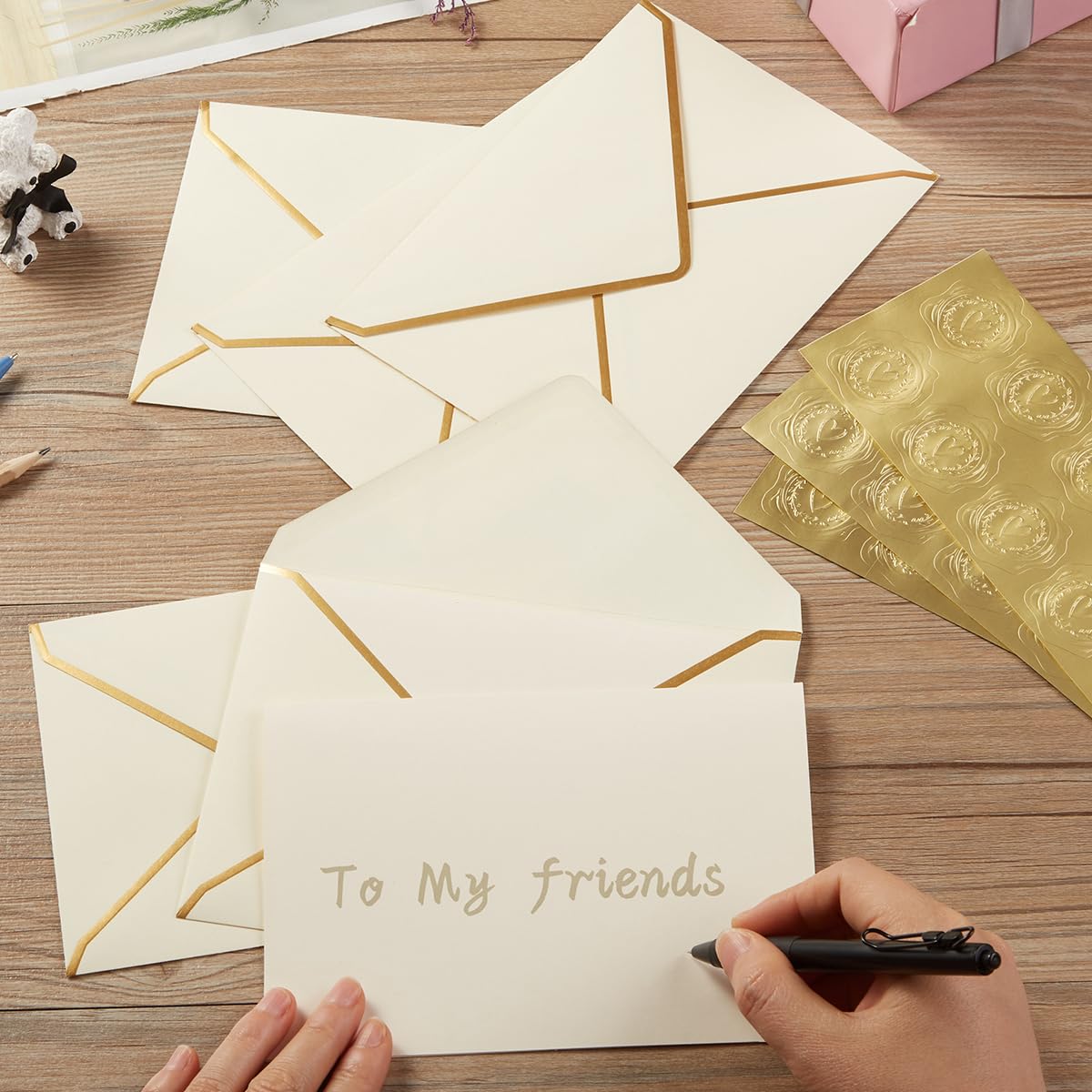 50 Pack A4 Envelopes with 4x6 Folded Cards and Gold Stickers, 4x6 Gold Envelopes for Office, Wedding, Invitations, Graduation, Baby Shower (Cream Color, 4x6)