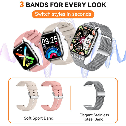 Smart Watch for Women(3 Bands), Smartwatch Fitness Tracker with Bluetooth Calls & AI Voice Control, 1.85’’ HD Screen, Heart Rate/SpO2 Monitor, Sleep Tracker, Compatible with Android iOS (Silver)