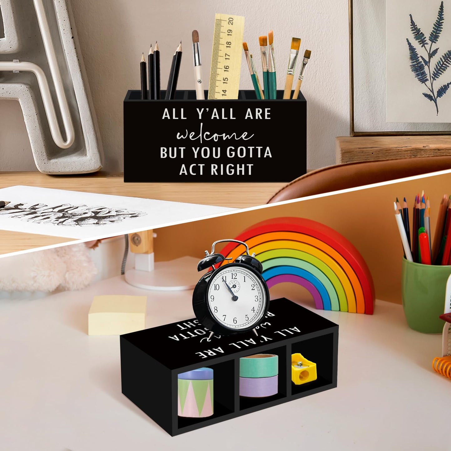 nvucamd Funny Welcome Pen Pencil Holder for Desk, Funny Entryway Office Desk Accessories, Toothbrus Holders Organizer for Home Office Classroom Bathroom, All Yall Are Welcome but You Gotta Act Right