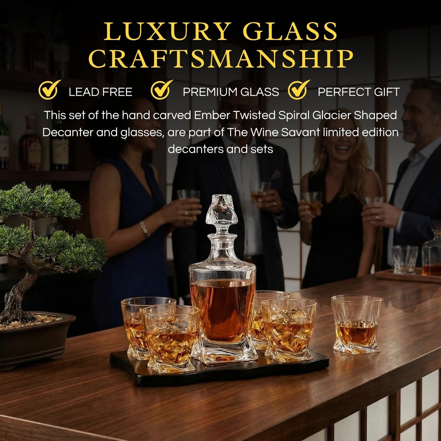 Ember Japanese Crystal Whisky Decanter Set with 4 Tumbler Glasses, Lead-Free Liquor Carafe & 10oz Rocks Glasses - Scotch Bourbon, Spirits & Wood Base Elegant Barware Gift for Men, Japan Design Gifts
