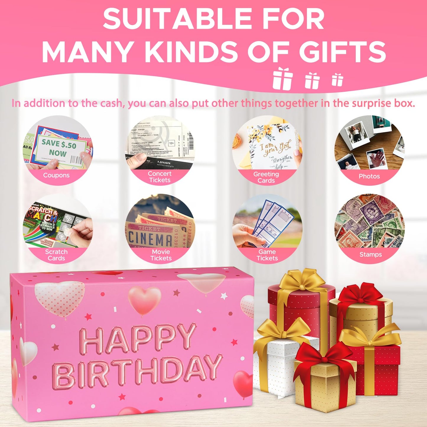 WenmthG Happy Birthday Surprise Gift Box Explosion for Money - DIY Pop Out Folding Bounce Explosion Gift Box with Confetti - Birthday Money Bank - Cash Gift Idea for Women Men Kids (Pink)