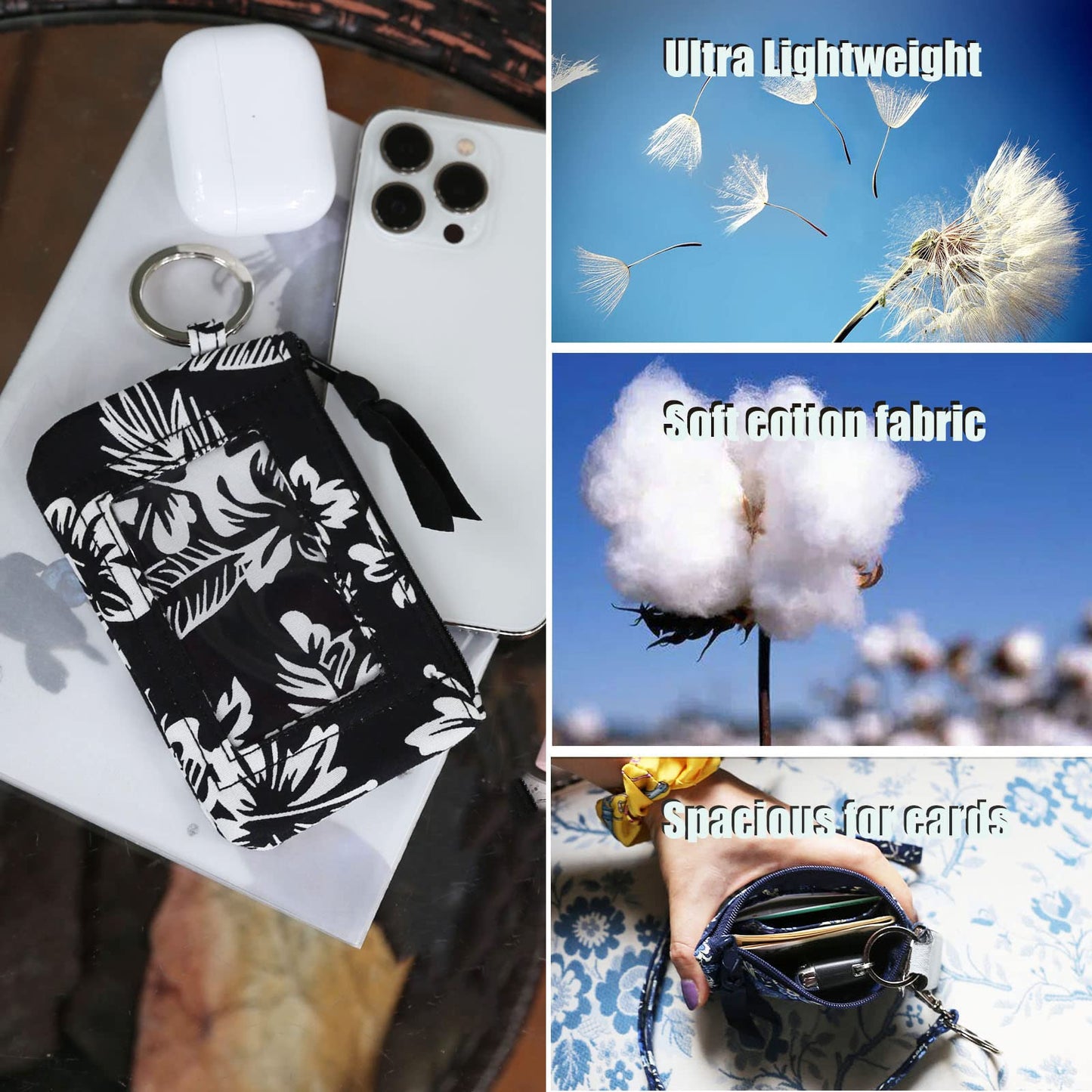 WONDERFUL FLOWER Lanyard Wallet for Women, ID Card Holder, Lanyards for ID Badges, Floral Zip ID Case Keychain Small Coin Purse Cards, Cash, Work, Travel, Cruise, Teachers, Students, Kids, Black White