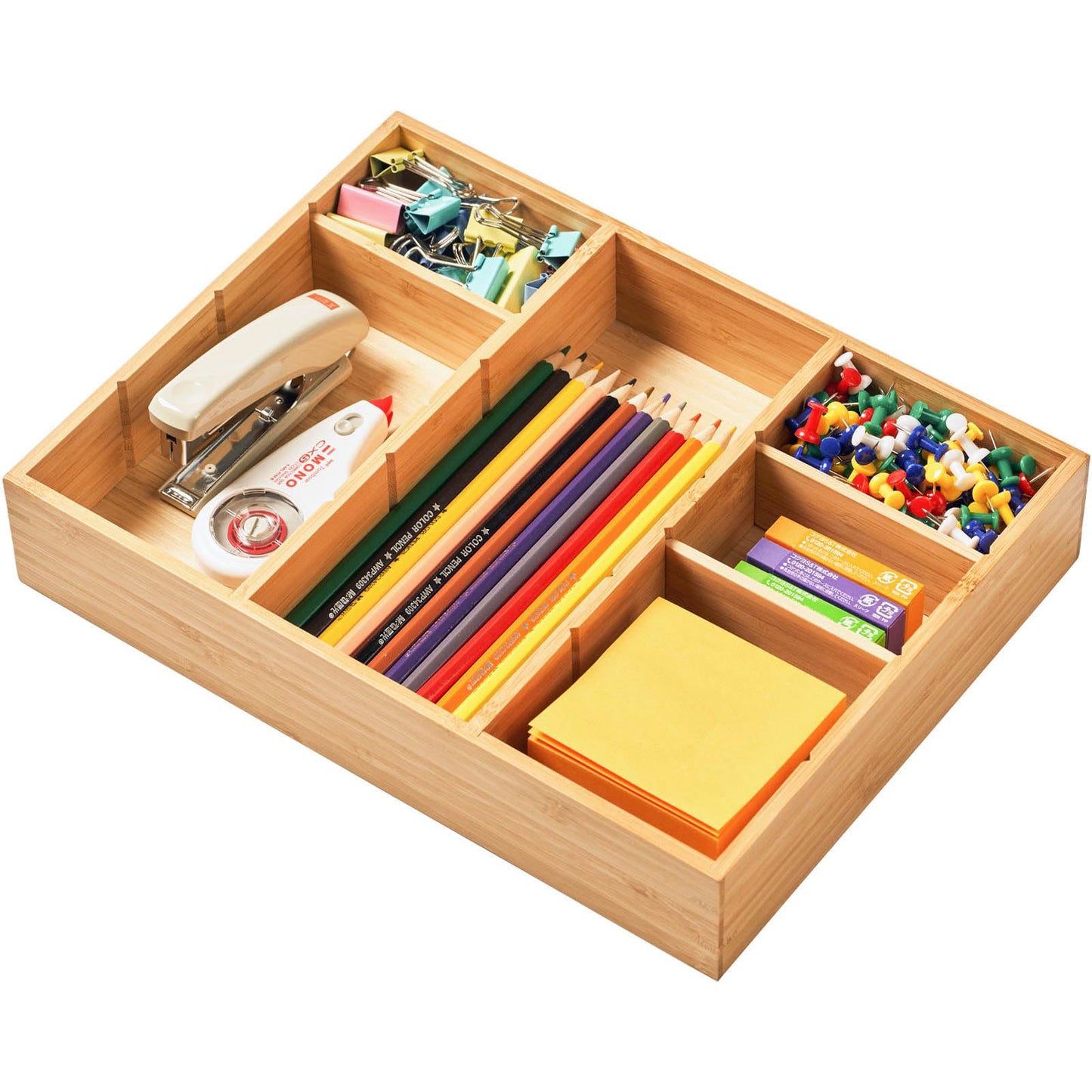 Umilife Bamboo Desk Drawer Organizer, Wood Junk Organizer Tray with Adjustable Dividers, Anti-Skip Storage Organization in Office Bathroom Drawer for Vanity, Makeup, 12" x 9"
