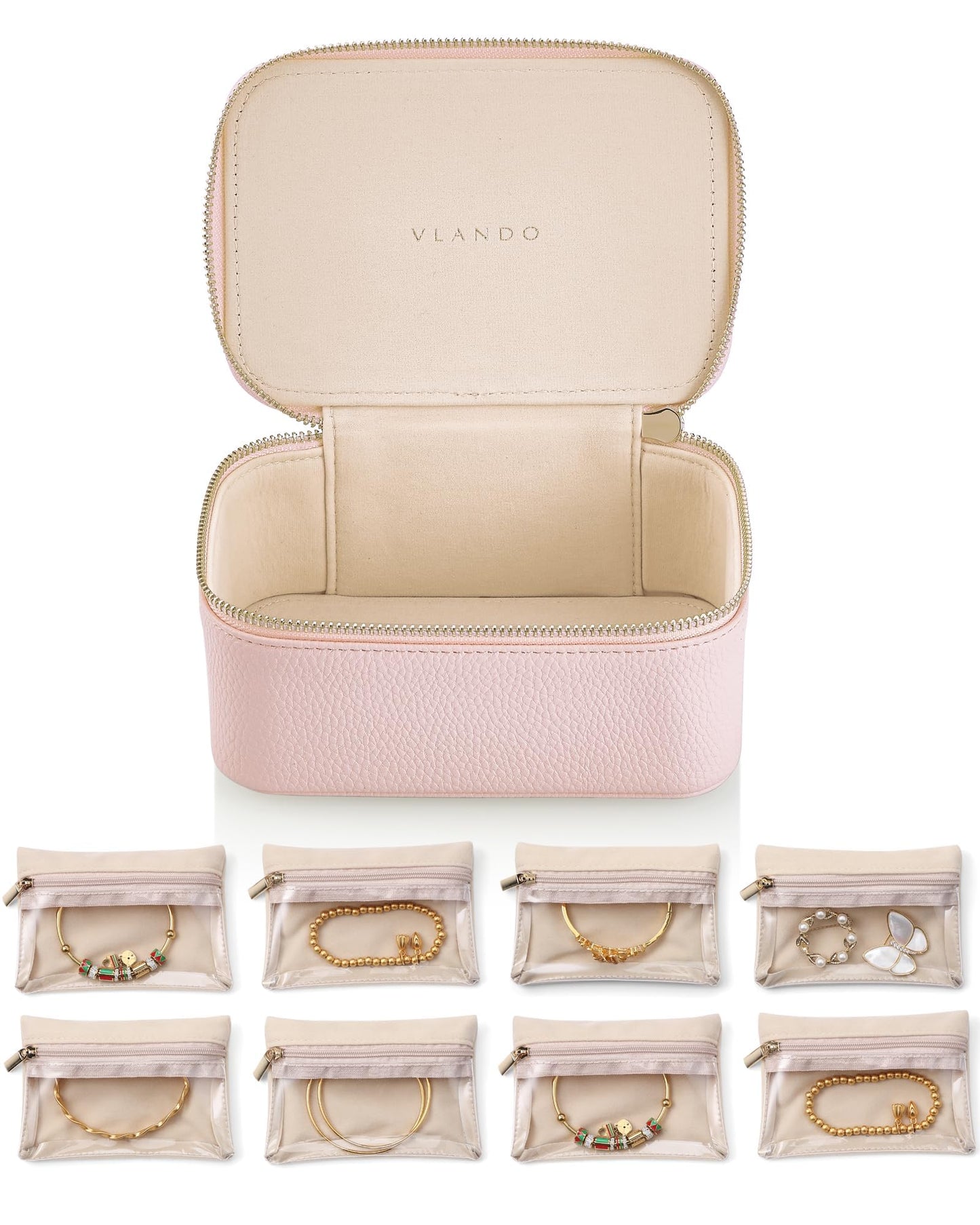VLANDO Jewelry Travel Case,Gifts for Women,Travel Jewelry Organizer with Clear Velvet Jewelry Bags 8Pcs Zipper Pouch for Women Girl Gift-Pink