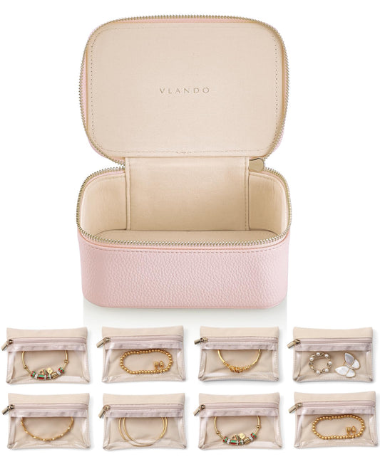 VLANDO Jewelry Travel Case,Gifts for Women,Travel Jewelry Organizer with Clear Velvet Jewelry Bags 8Pcs Zipper Pouch for Women Girl Gift-Pink