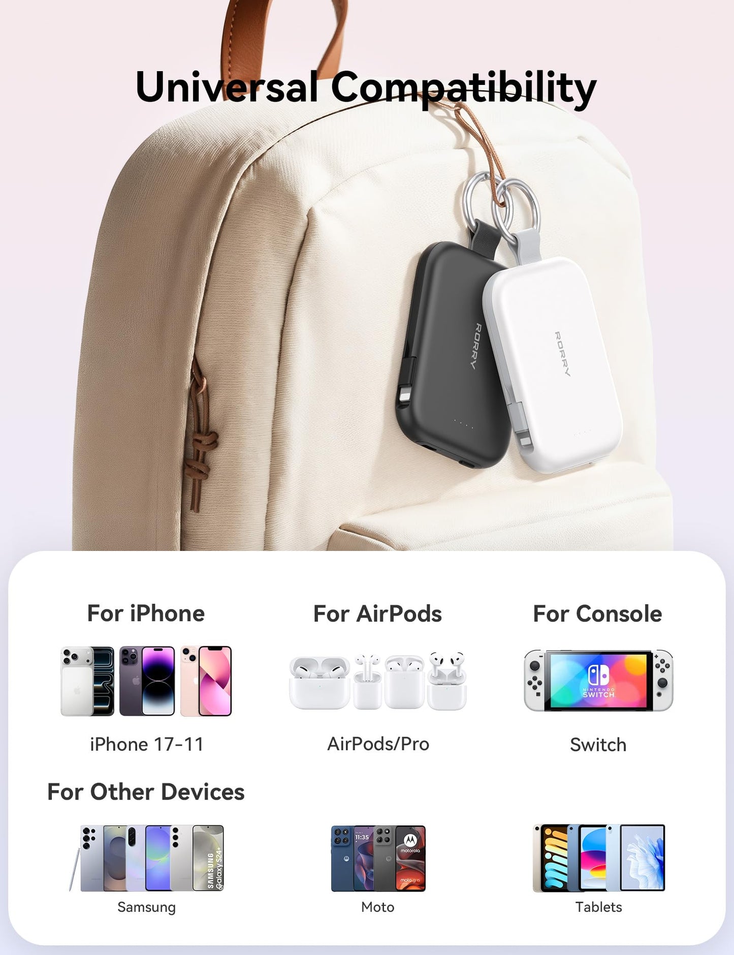 RORRY Portable Charger, 5000mAh Portable Charger Power Bank with Built-in Cables, Travel Keychain Charger Battery Pack for iPhone 17/16/15/14/13/12, for AirPods 2/3/4/Pro, Black