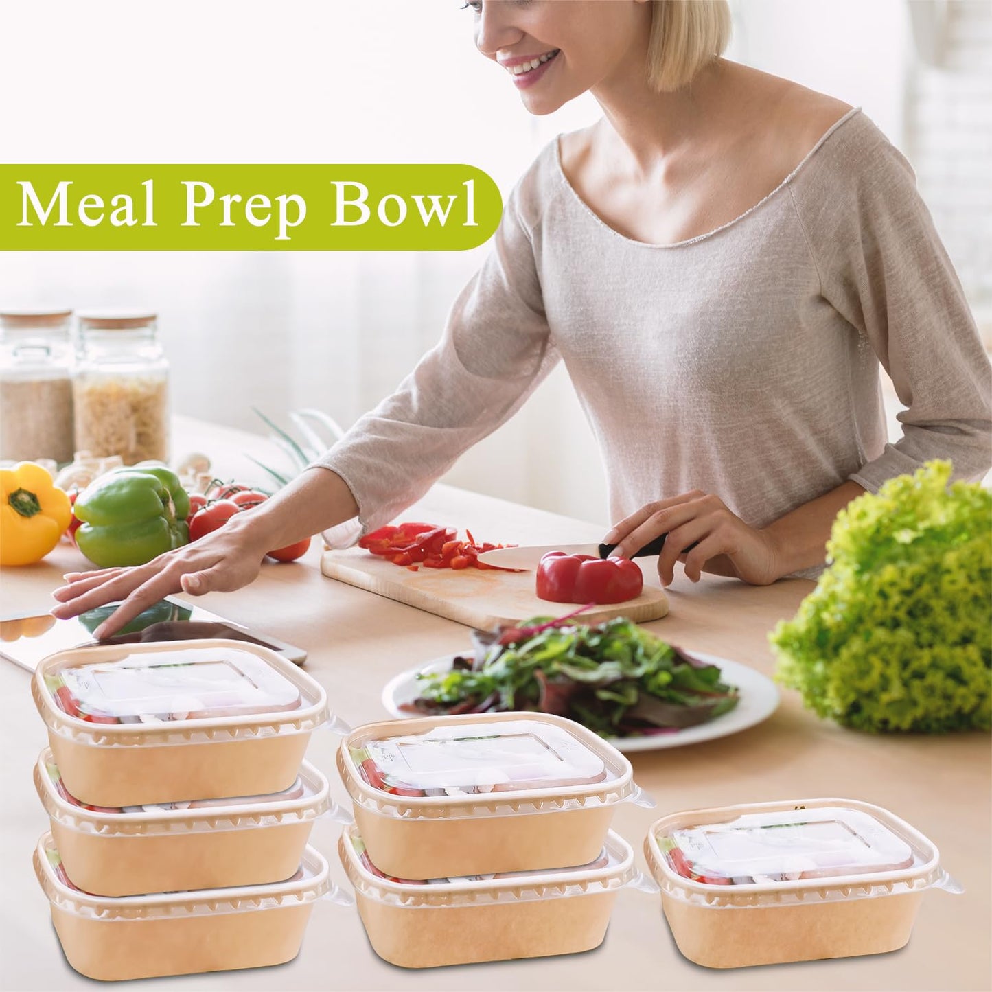 MINCOCO 50 Count Paper Bowls Disposable Meal Prep Containers with Lids【Includes 50 Wooden Forks + 100 Labels】 Salad Food Containers Freezer & Microwave Safe Leakproof Soup Bowls (19 Ounce, 50-Count)
