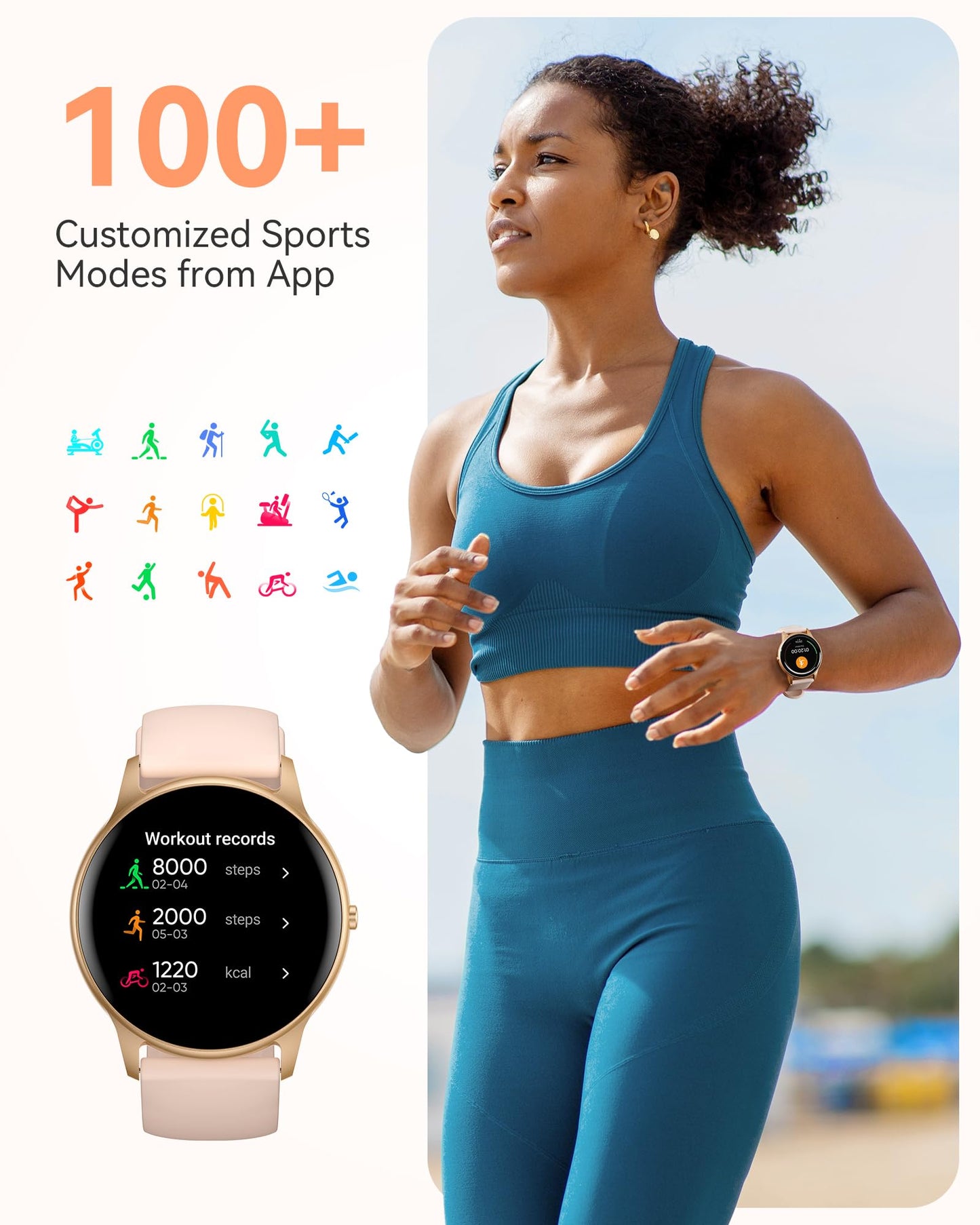 AGPTEK Smart Watch for Women, 5ATM Waterproof Smartwatch for Android and iOS Phones, Fitness Tracker Watch with 100+ Sports Modes, Heart Rate Monitor Pedometer Sleep Monitor, Pink