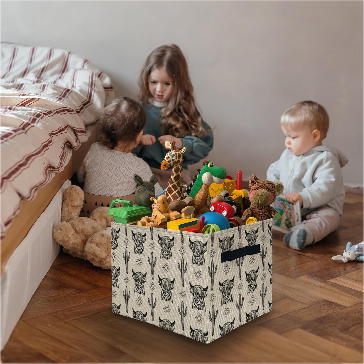 ATBWGT Western Highland Cow Storage Bins Box, Toybox for Boys Girls, Retro Western Cactus Cow Foldable Storage Baskets Organizer for Bedroom Bathroom Kids Room Dorm Clothes Toys Books
