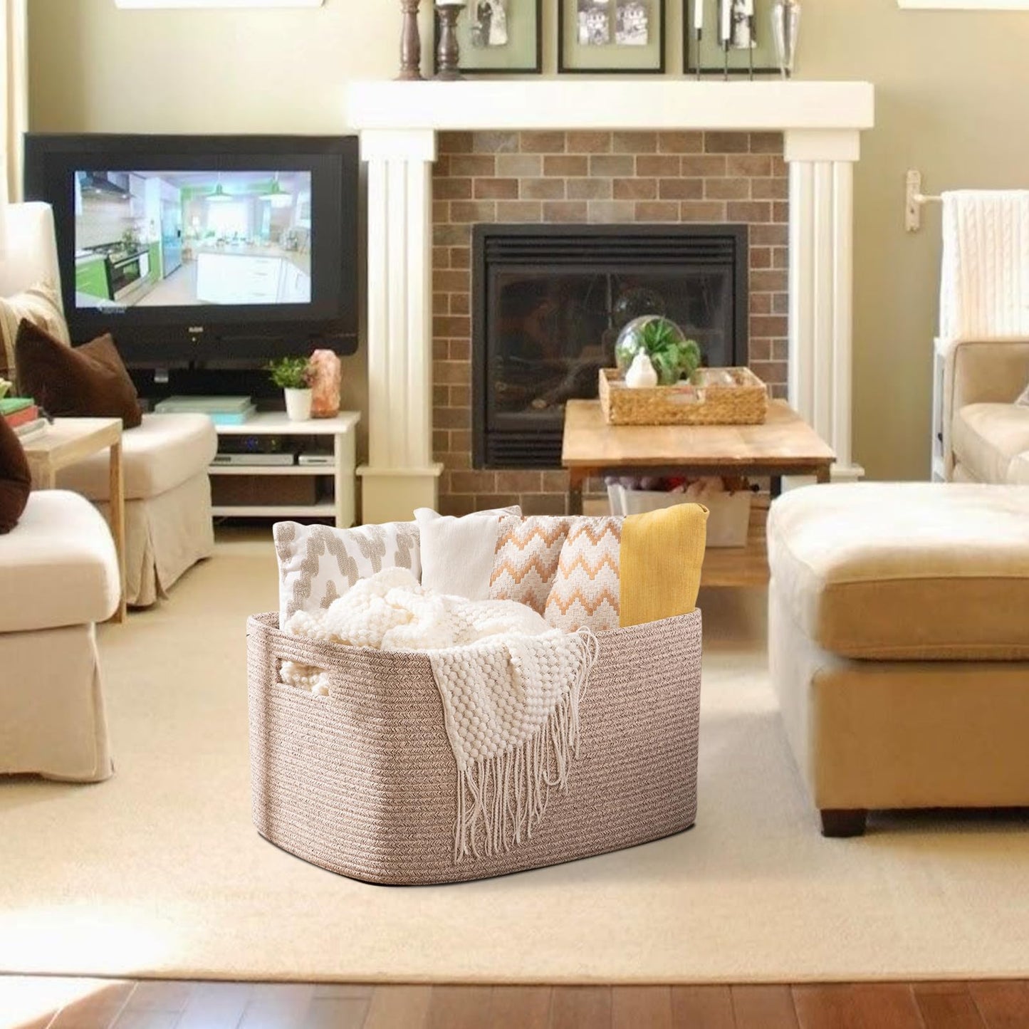 OIAHOMY 75L Large Woven Cotton Rope Storage Basket with Handle for Organizing Blanket and Toys for Living Room, Nursery, Brown Variegated 22”x17”x12”