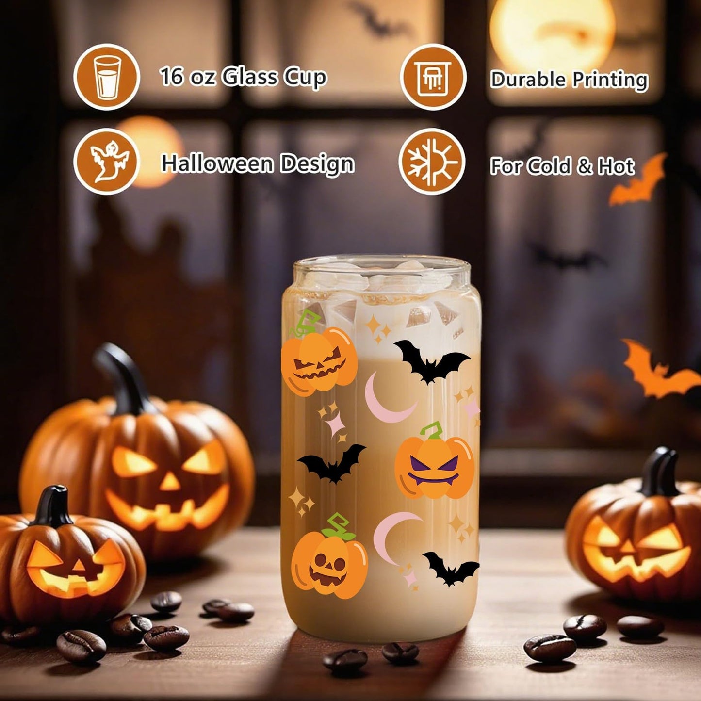 Halloween Gifts for Women 16oz Pumpkin Bat Coffee Glass Cup with Lid & Straw, Boo Basket Stuffers Fall Themed Gifts for Her, Sister, Friend