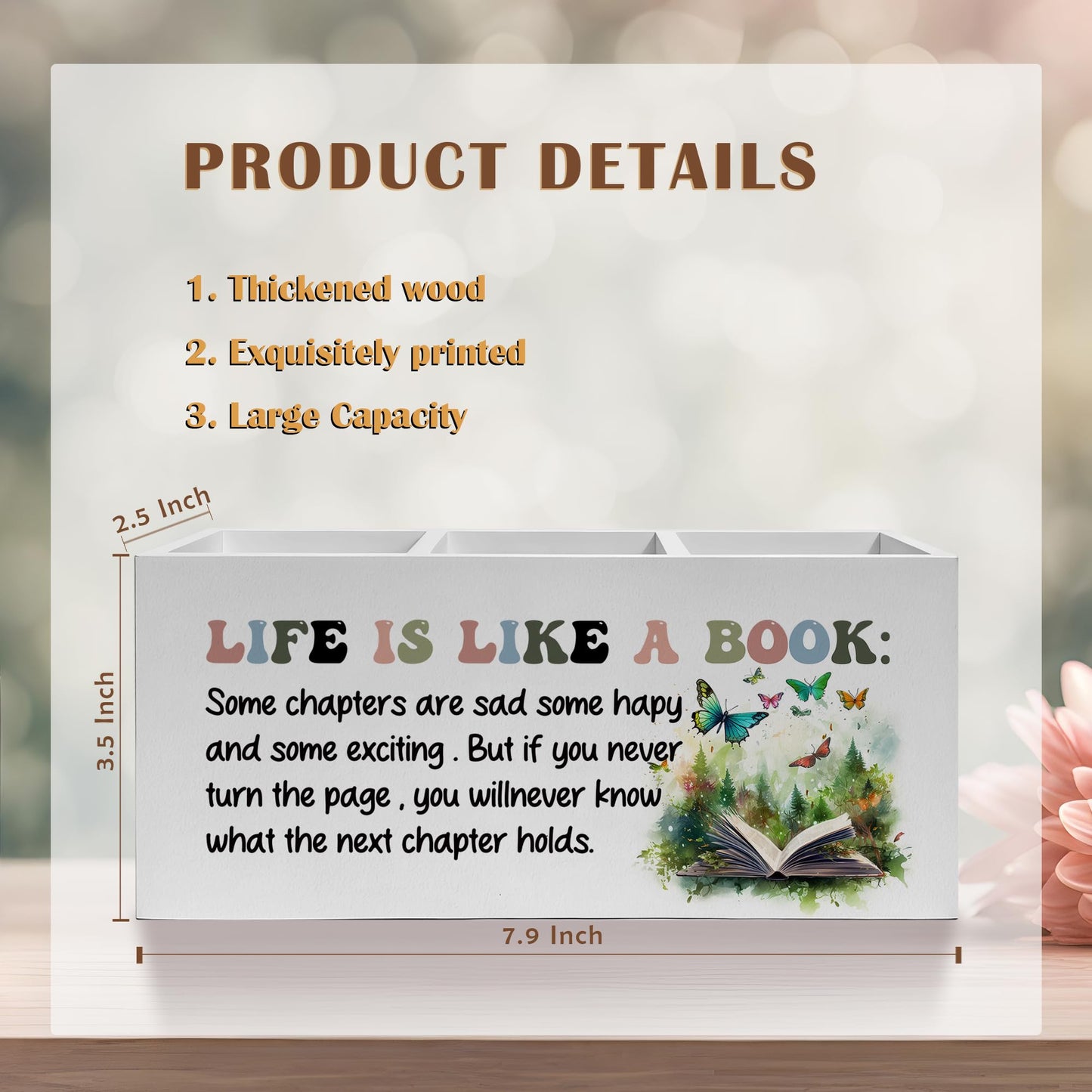 FITIE Inspirational Pencil Pen Holder for Desk, Life Is Like A Book Wooden Pencil Holder Organizer for Home Office Library Desk Accessories, Encouragement Gifts for Women