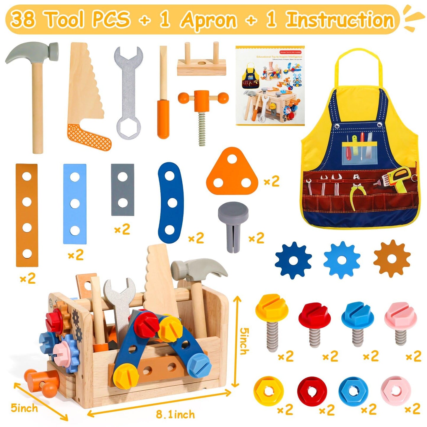 TONZE Kids Tool Set with Apron, 39 PCS Wooden Toddler Tool Bench Box Montessori Toys for 2 3 4 Year Old Boys Girls, Educational STEM Construction Toys Pretend Play Toddler Toys Age 3-5 Birthday Gift