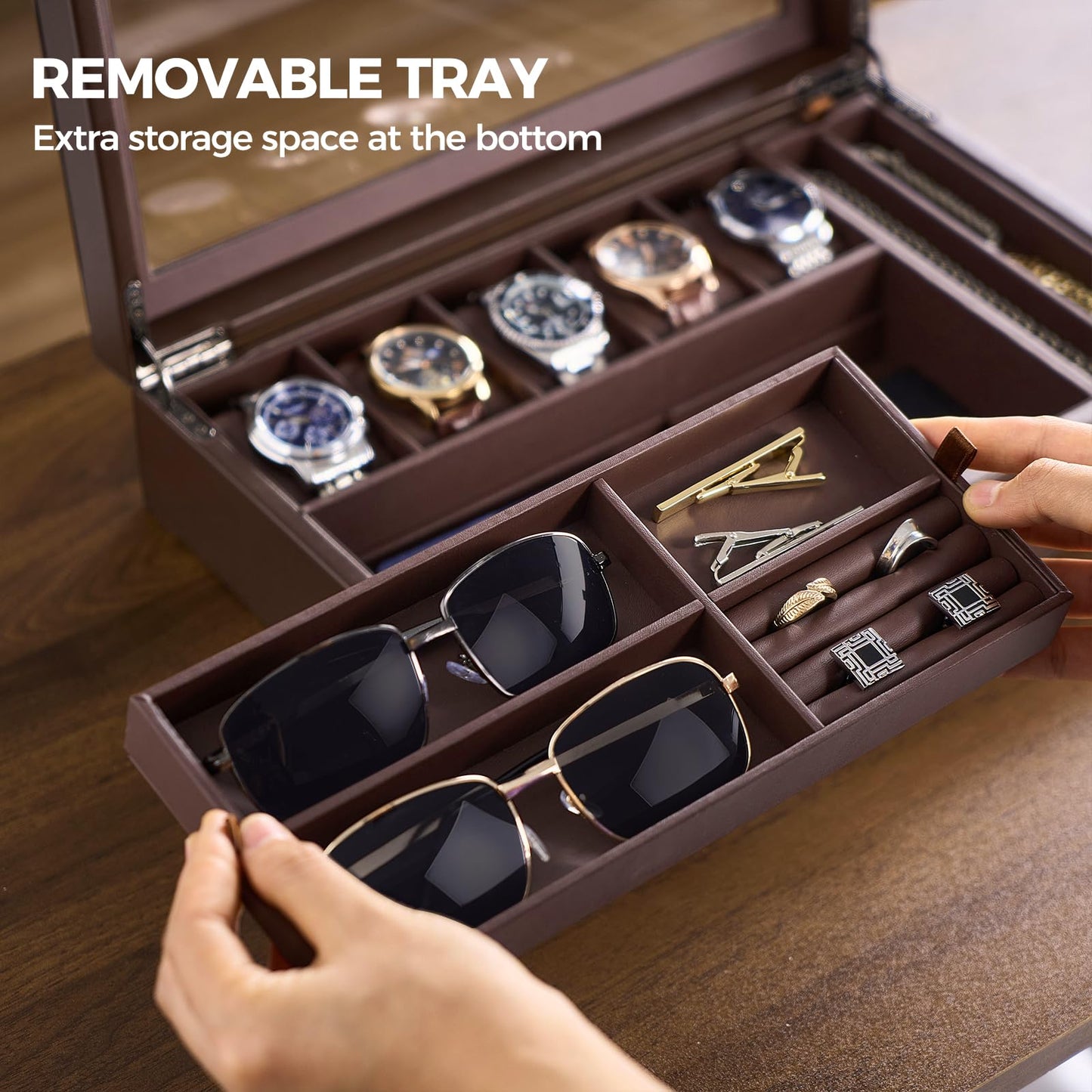 ProCase Men's Jewelry Box, 5-Slot Wood Watch Display Case Jewellry Storage Organizer for Sunglasses Rings Accessories with Hidden Compartment, Watch Holder with Glass Lid, Gift for Men -Espresso