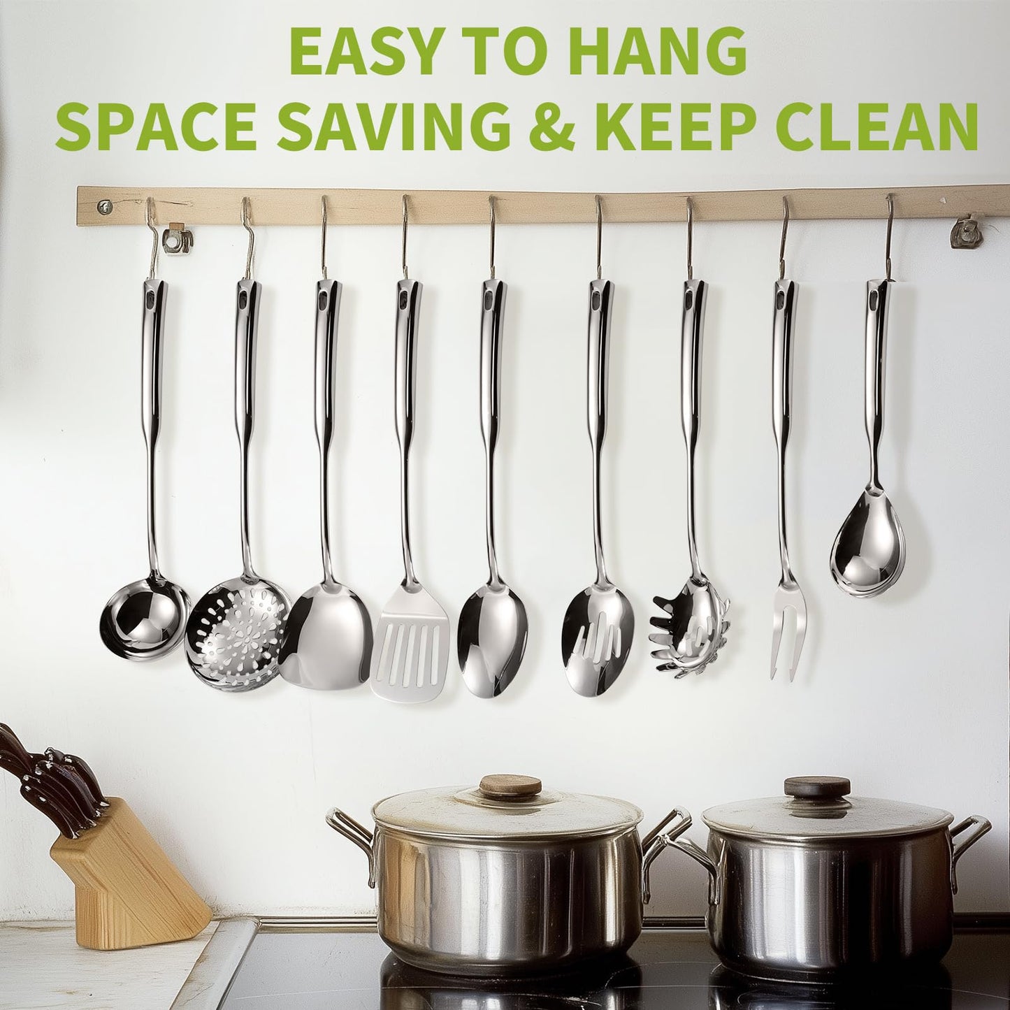 304 Stainless Steel Kitchen Cooking Utensils Set - 9 PCS Serving Utensils, Include Skimmer, Soup Ladle, Spaghetti Server, Wok Spatula, Slotted & Solid Spoon, Slotted Spatula Turner, Meat Fork (Silver）