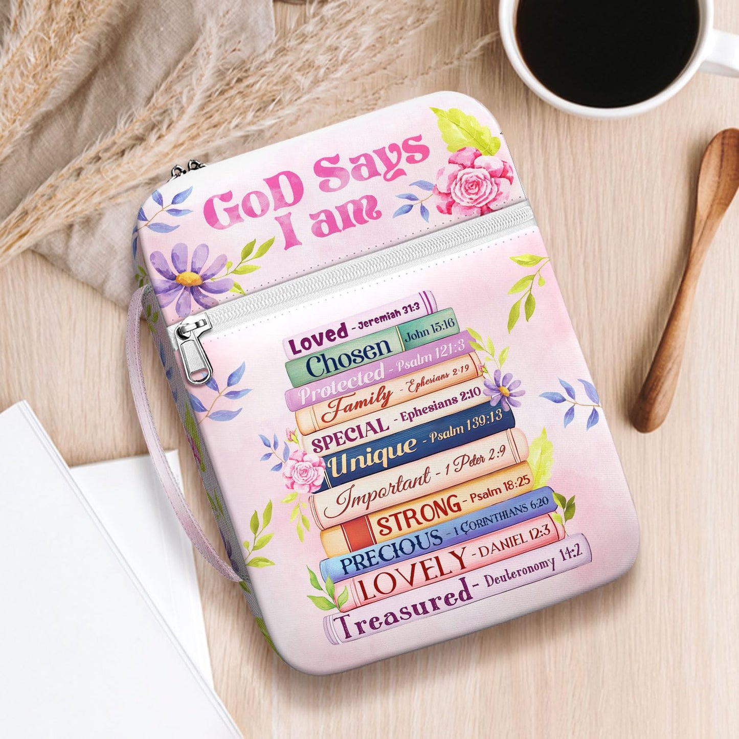 MYSMOR God Says I Am Bible Cover for Women, Floral Scripture Bible Case with Handle and Zipper Pocket, Christian Bible Bag for Girls and Ladies, Inspirational Gift for Church and Study Use