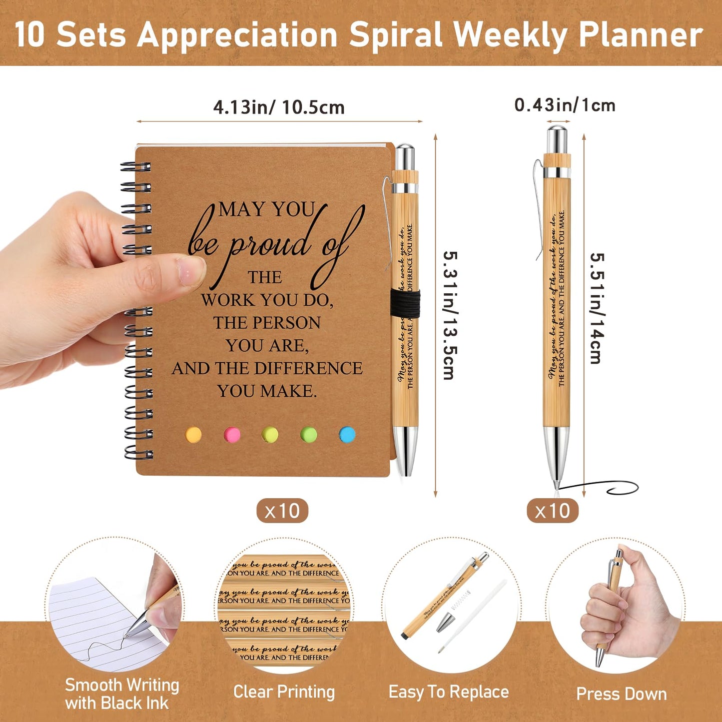 Moinchore 10 Sets Employee Appreciation Gifts Thank You Gifts Inspirational Spiral Notebooks with Sticky Notepad and Bamboo Pen for Team Volunteer Nurse Coworker Teacher Student (May You Be Proud)