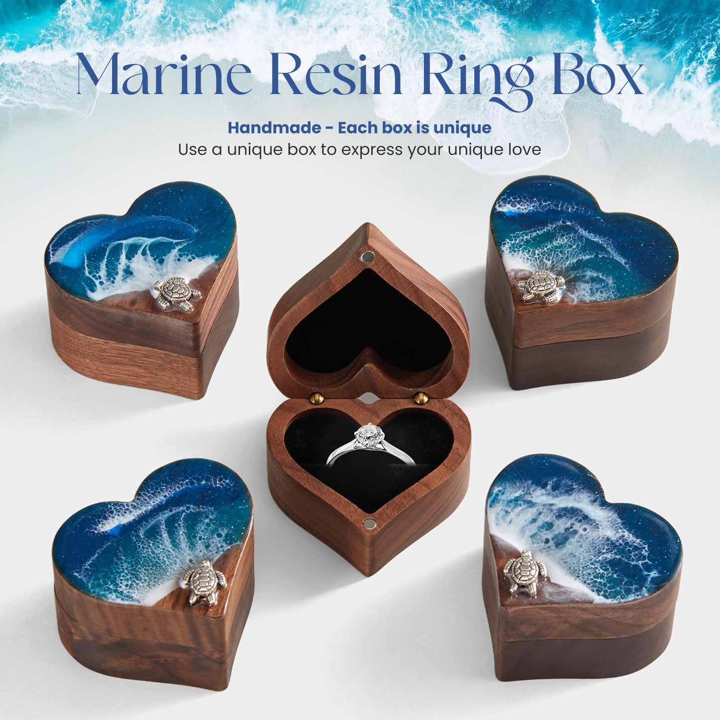SAMAH Ocean Resin Heart Engagement Ring Box, Birthday Gifts for Women Mom, Personalized Walnut Wooden Ring Box, Ring Display Box for Proposal, Wedding, Anniversary, Valentine's Day, Mothers Day Gifts