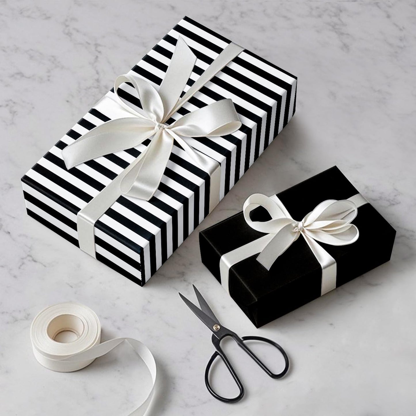 RUSPEPA Reversible Wrapping Paper Roll, Jumbo Roll, Black White Stripe and Solid Black Design Gift Wrap Paper for Birthday, Holiday, Graduation, Christmas, Father's Day, Wedding, 30 Inches x 32.8 Feet
