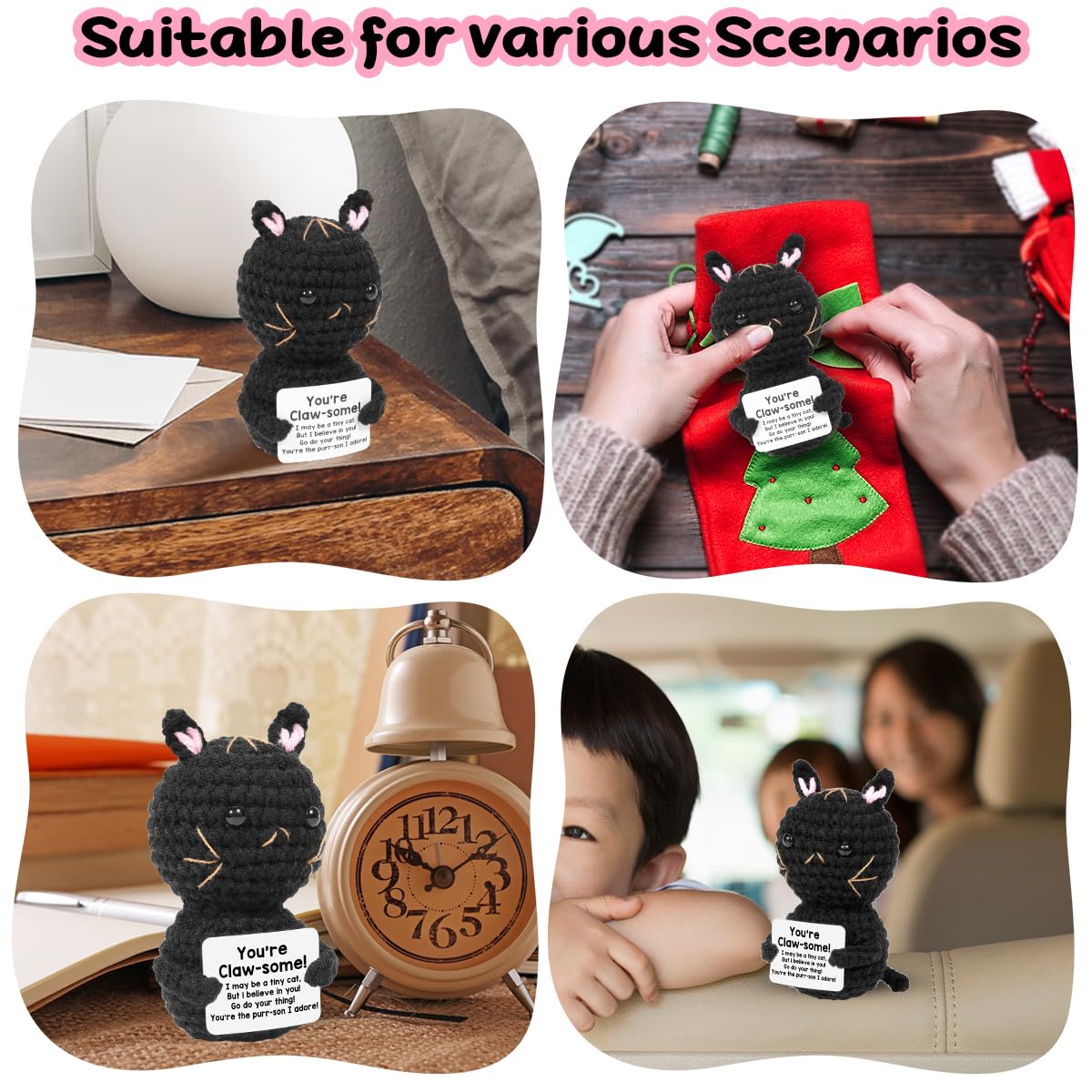AICase Positive Black Cat Crochet Animals Emotional Support Nuggets Inspirational Knitted Unique Small Decorations Birthday Gifts for Women Men Her Him Sister Mom Dad Girls Boys Fans