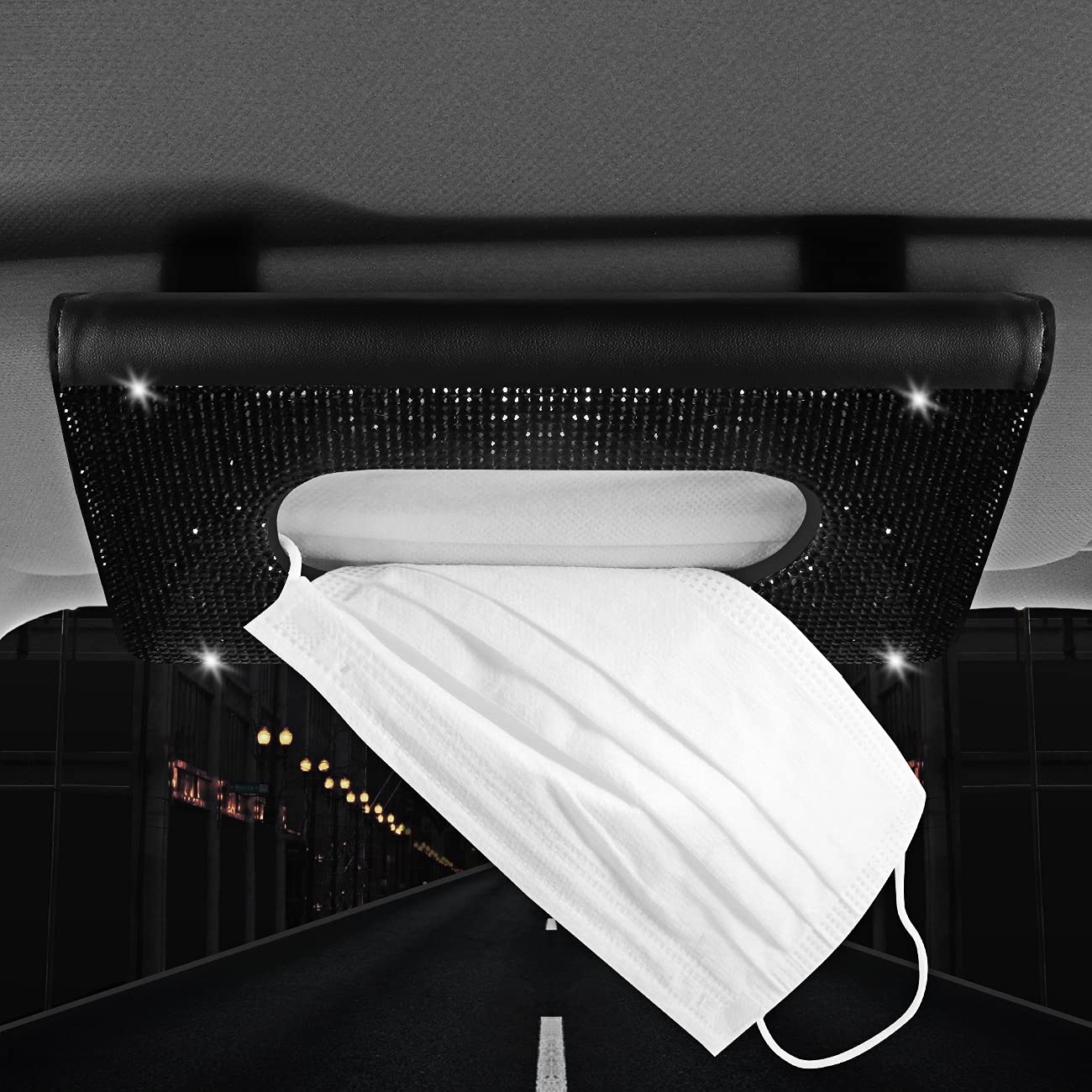 【2024 Upgraded】 Bling Car Sun Visor Tissue Box with Refills Paper Towels, PU Leather Backseat Mask Case,Crystal Sparkling Napkin Holder, Handmade Decoration Accessories for Women,Girls,Ladies as Gift