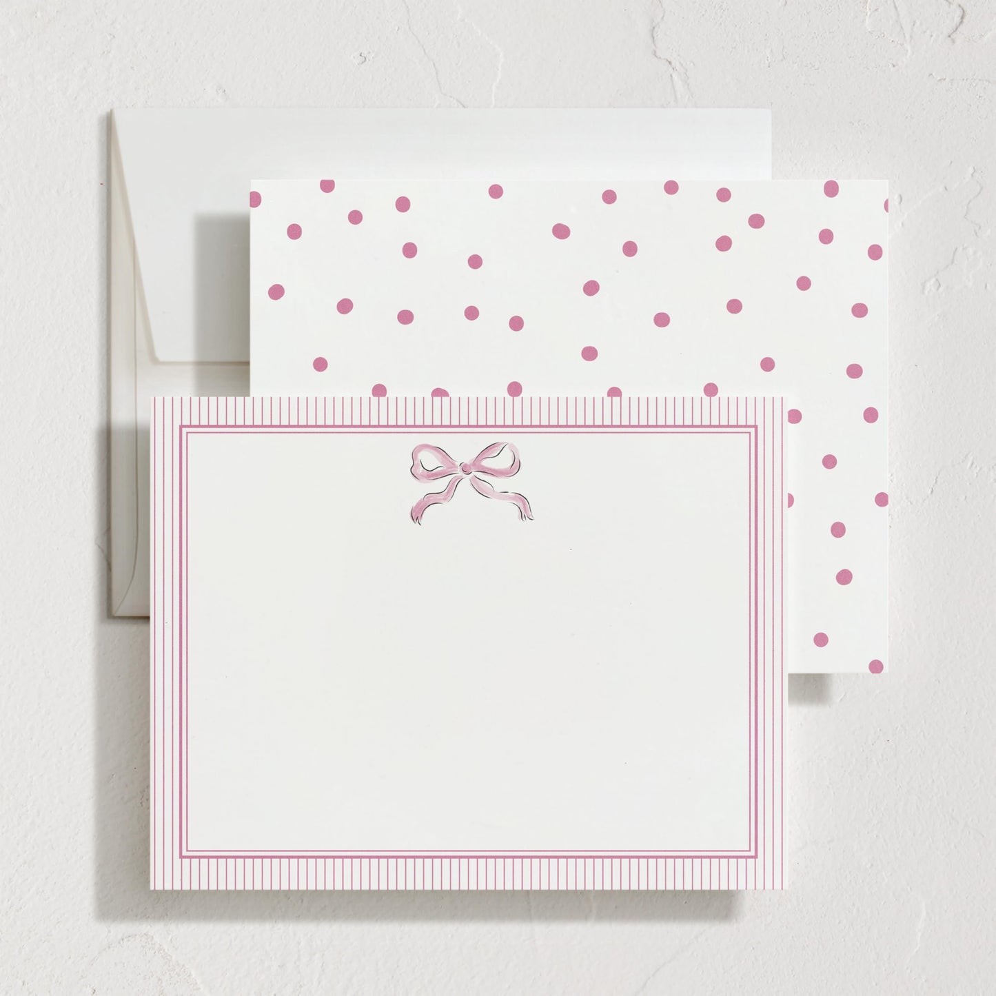 Minted Pink Bow Stationery Set, Set of 10, Flat Note Cards & Envelopes for Invitiations and Handwritten Thank You Messages, Pink Ribbon with Striped Back, Gifts for Women, Luxurious Paper