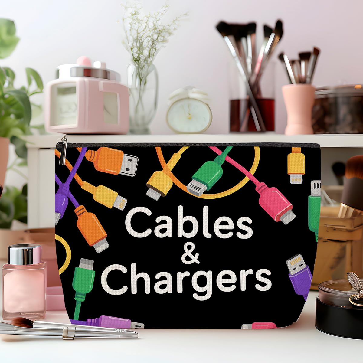 ZHAMEN 2 Pcs Cables Chargers Makeup Bag, Organizer Portable Pouch Purse Travel Essentials Organizer Cosmetic Bags for Women, Roomy Travel Makeup Toiletries Accessories, Birthday Gifts for Women