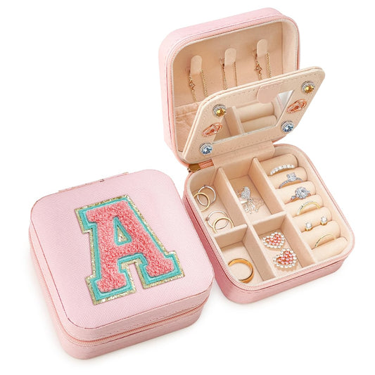 SANDJEST Personalized Jewelry Box, Pink Travel Jewelry Box with Initial A, Small Monogrammed Jewelry Case Organizer for Girls Women Teen Kids, Mini Travel Essentials Gifts for Birthday Christmas