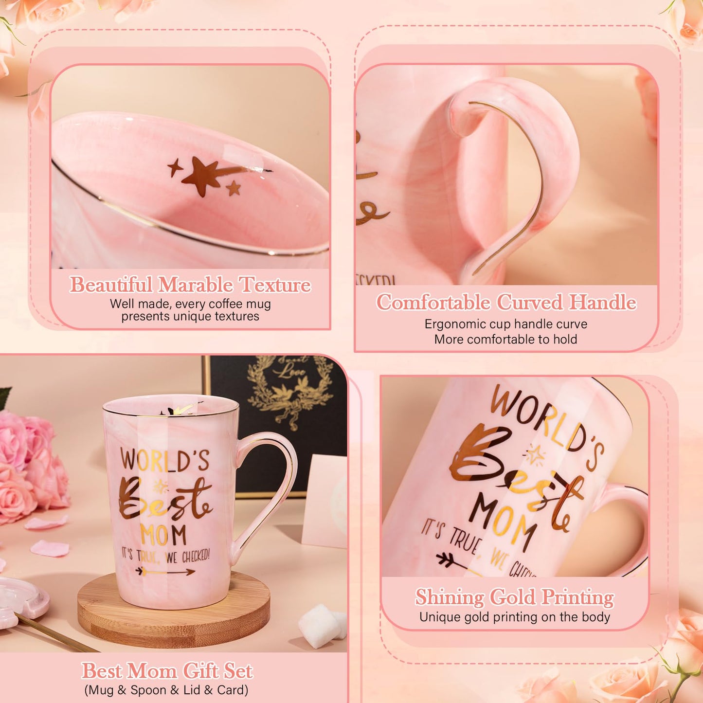 Mothers Day Birthday Gifts for Mom from Daughter Son - 14Oz Funny Best Mom Mug with Gold Print, Unique Pink Marble Coffee Cup with Lid Spoon Greeting Card, Happy Moms Gifts Idea, Luxury Gift Boxed Set