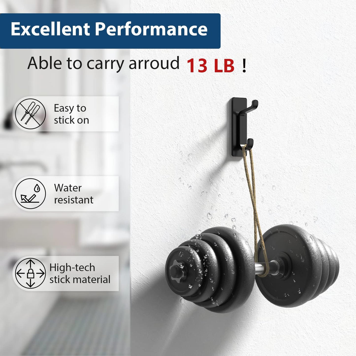 pickpiff Wall Hooks for Coat and Towel: 13LB Strong Adhesive Door Hanger Stick on, Black 6 Pack