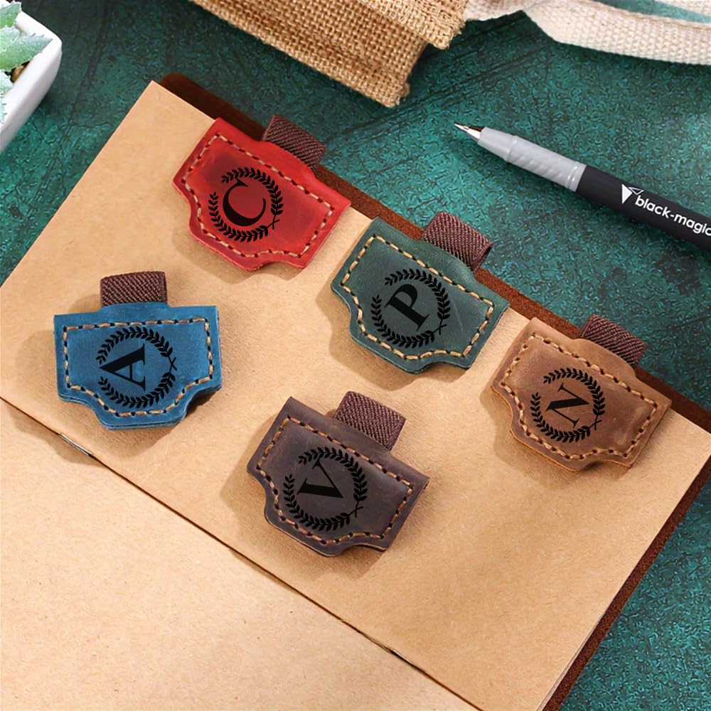 Custom Bookmark with Pen Holder 26 Letters Personalized Magnetic Leather Book Mark, Book Marker with Initials Pencil Clip for Sketch Pads for Men Women, Gifts for Book Lovers, Artists (Brown, J)