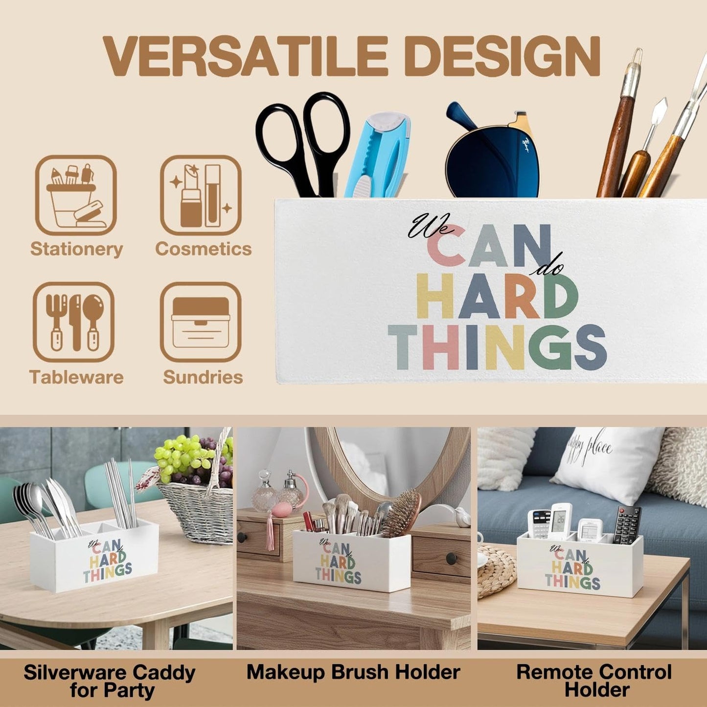LIANGEAGOM Boho Inspirational Pen Pencil Holder Organizer for Desk Accessories, Mental Health We Can Do Hard Things Motivational Wooden Box Signs Decorations for Therapy Counselor Office Desk Tabletop