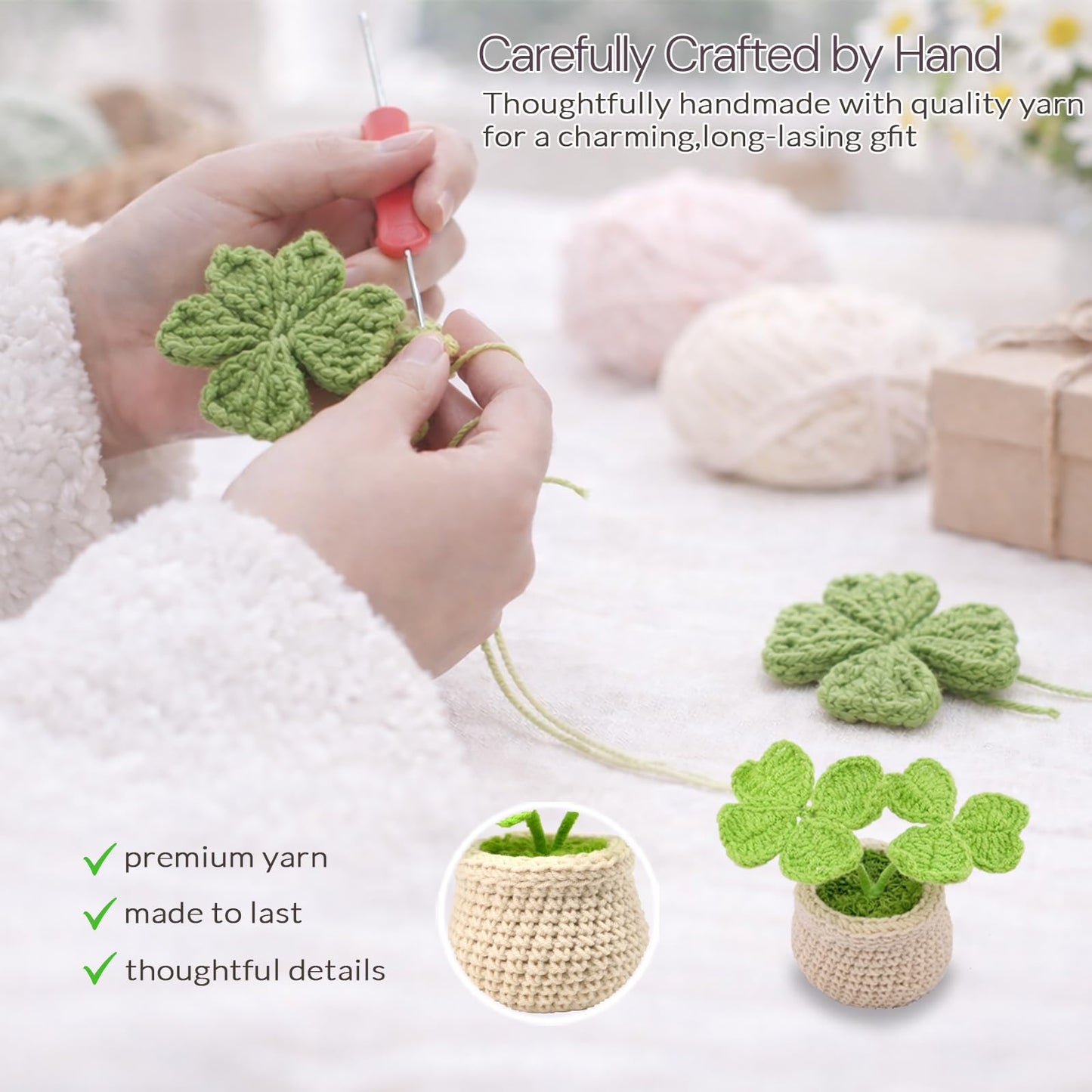 korawove Good Luck Gifts for Mom - Cute St. Patricks Day, Mothers Day, Birthday Gifts for Women, Mother, Mama - Emotional Support Crochet Plants - Handmade Crochet Lucky Clover Pots.