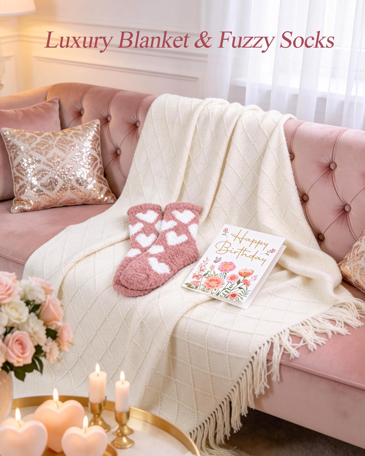 Coralogo Rose Themed Birthday Gifts for Women - Pink Birthday Spa Gift Basket for Women Unique 9pcs Self Care Gift Basket with Plush Knit Blanket for Mom Wife Girlfriend Bestie Her