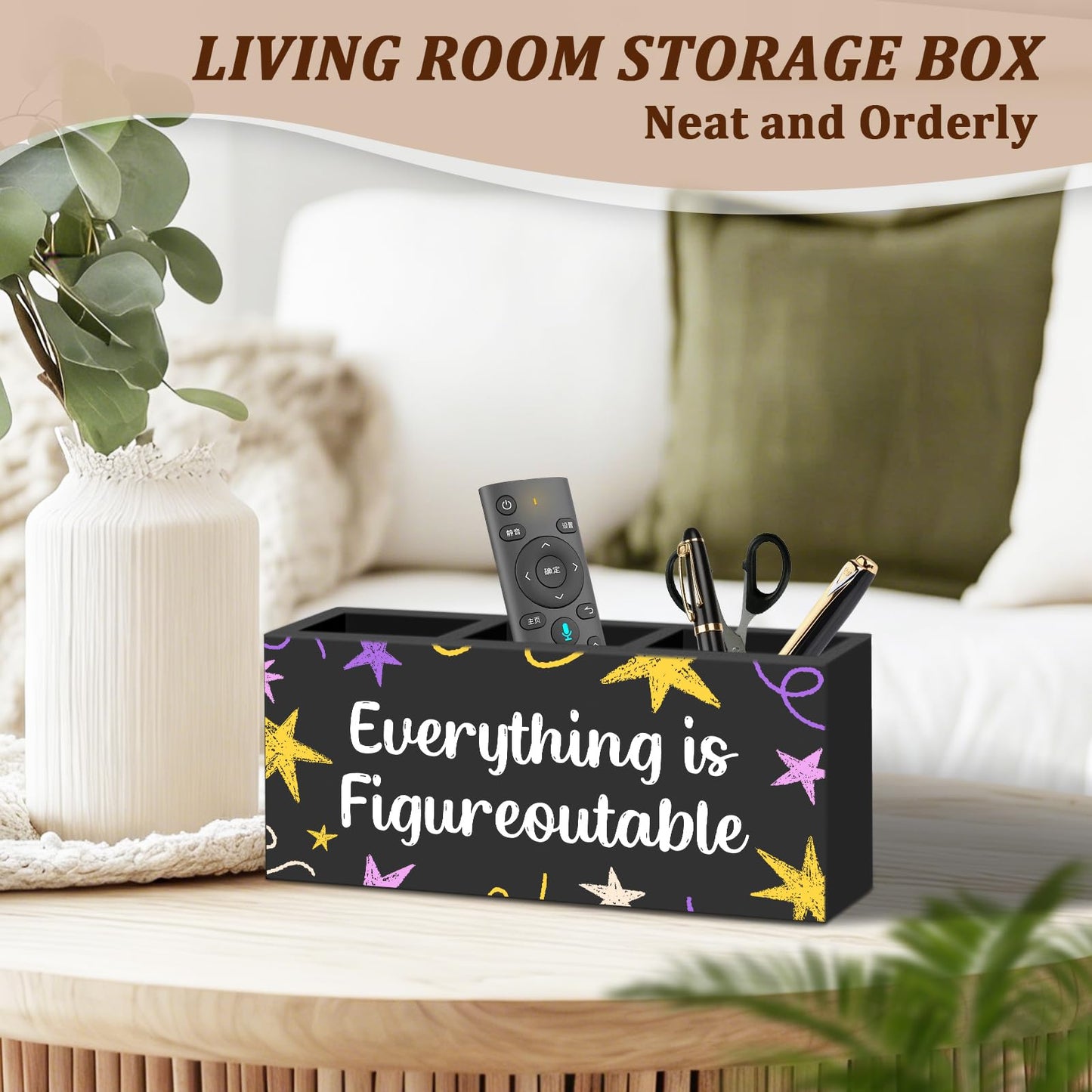 WODMIS Motivational Everything Is Figureoutable Pen Pencil Holder for Desk, Inspirational Gifts for Women Men Wooden Box Organizer Decorations for Home Office Desk Accessories Tabletop