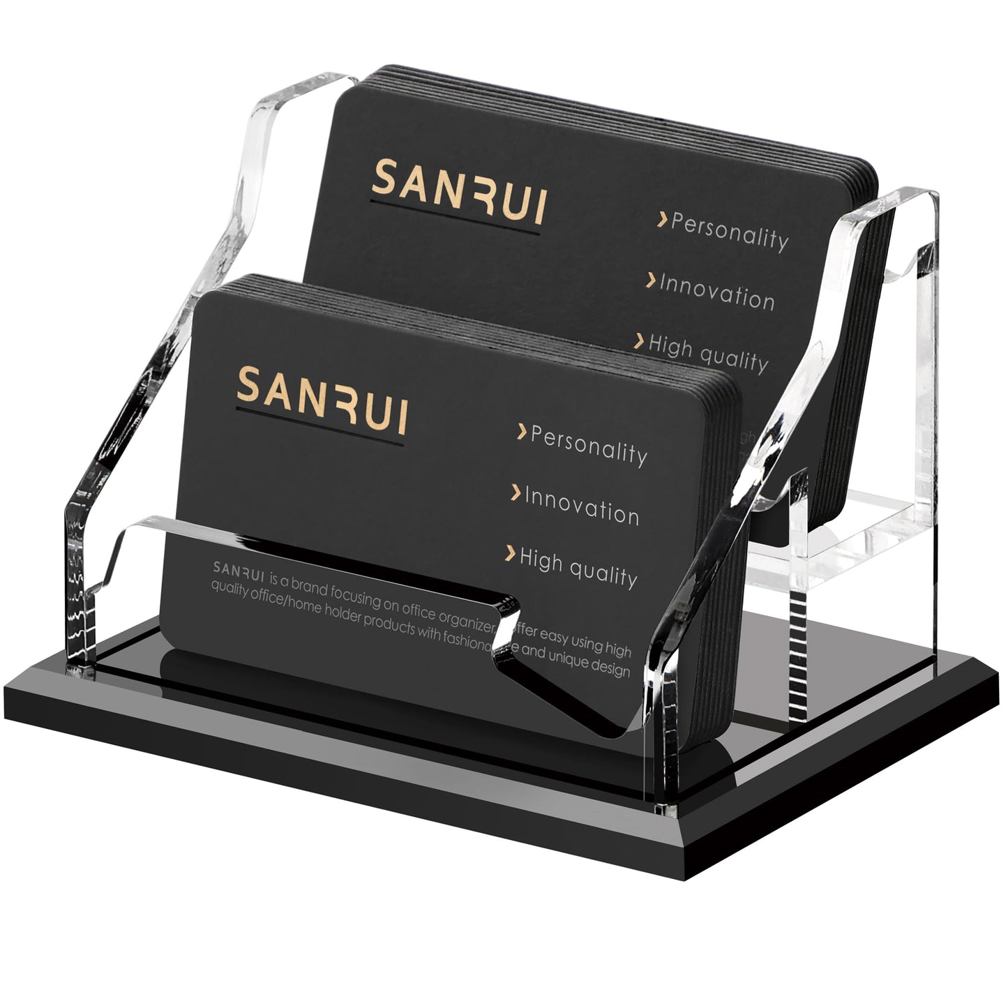 SANRUI Black Business Card Holder for Desk 2 Slot , Clear Acrylic Horizontal Name Card Stand for Women and Men, Desktop Organizer Display for Office Home Exhibition - 120 Card Capacity 1 Pack