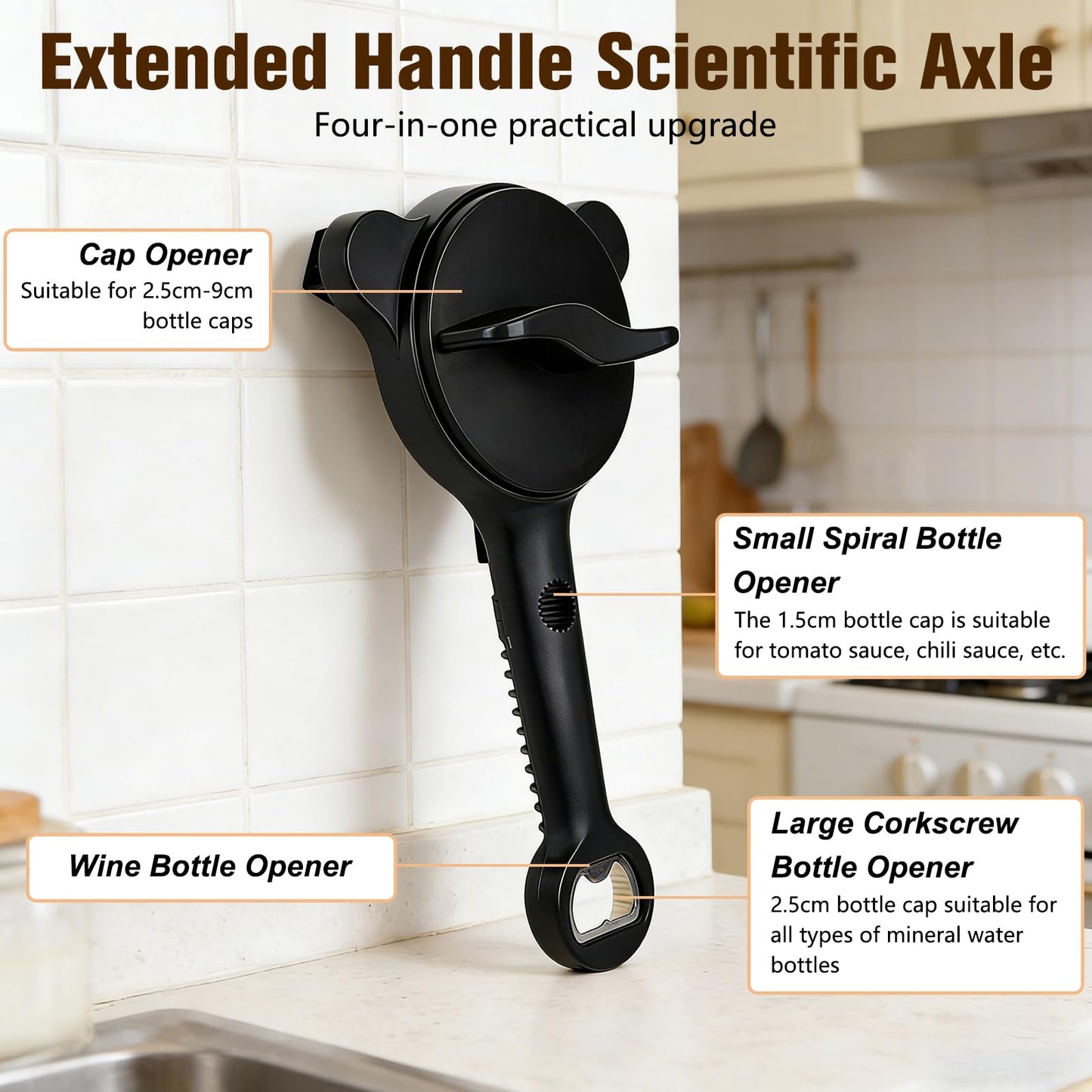 Multi-Functional Retractable Jar & Bottle Opener, Magnetic Stainless Steel Can Opener with Ergonomic Handle, Friendly Kitchen Gadget (black)