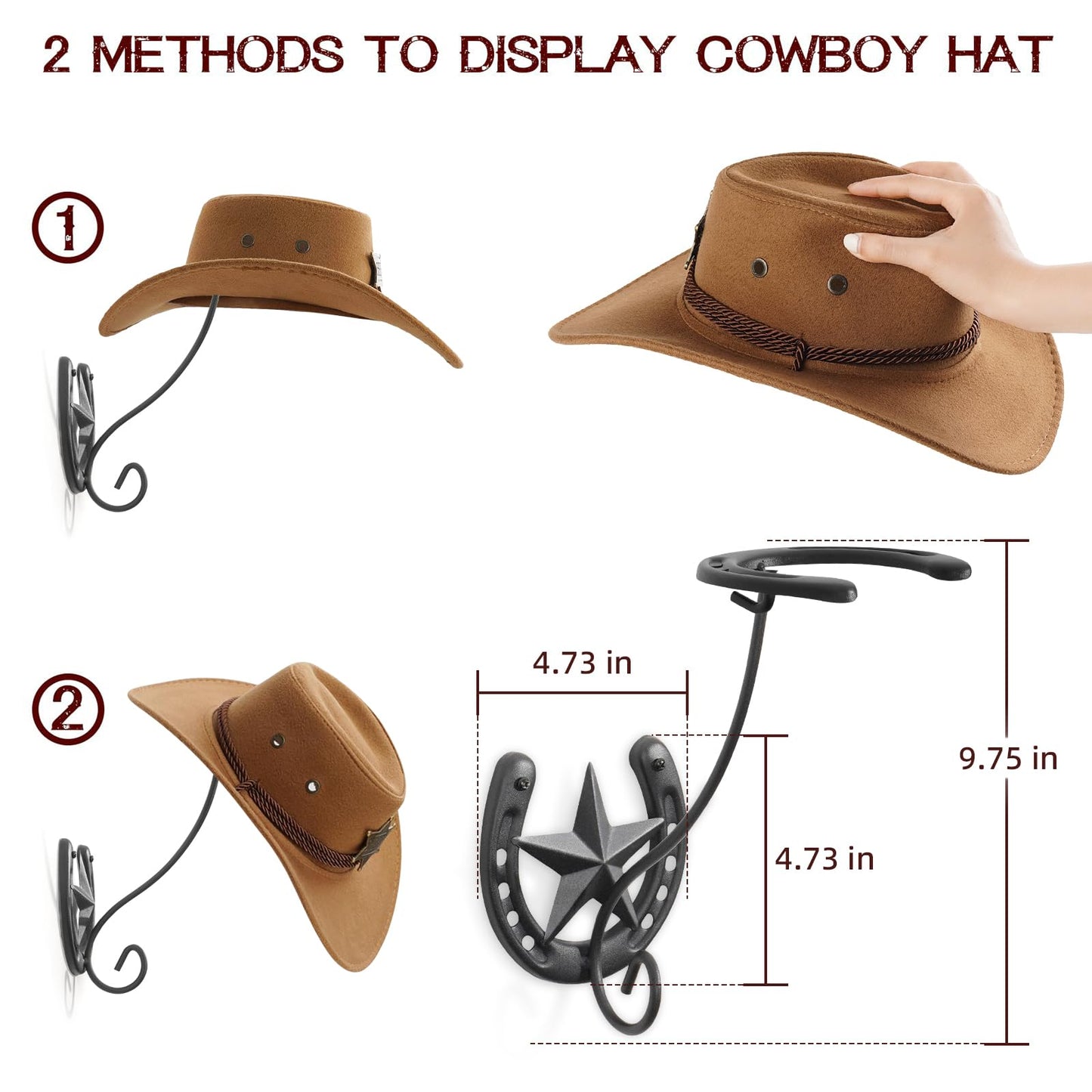 HYDERMUS Cowboy Hat Holder for Wall 2 Pack Metal Iron Cowboy Hat Rack Western Hat Hanger Horseshoe Hooks Storage Cowboy Hat Organizer Display Closet Living Room Western Gifts Wall Decor Black