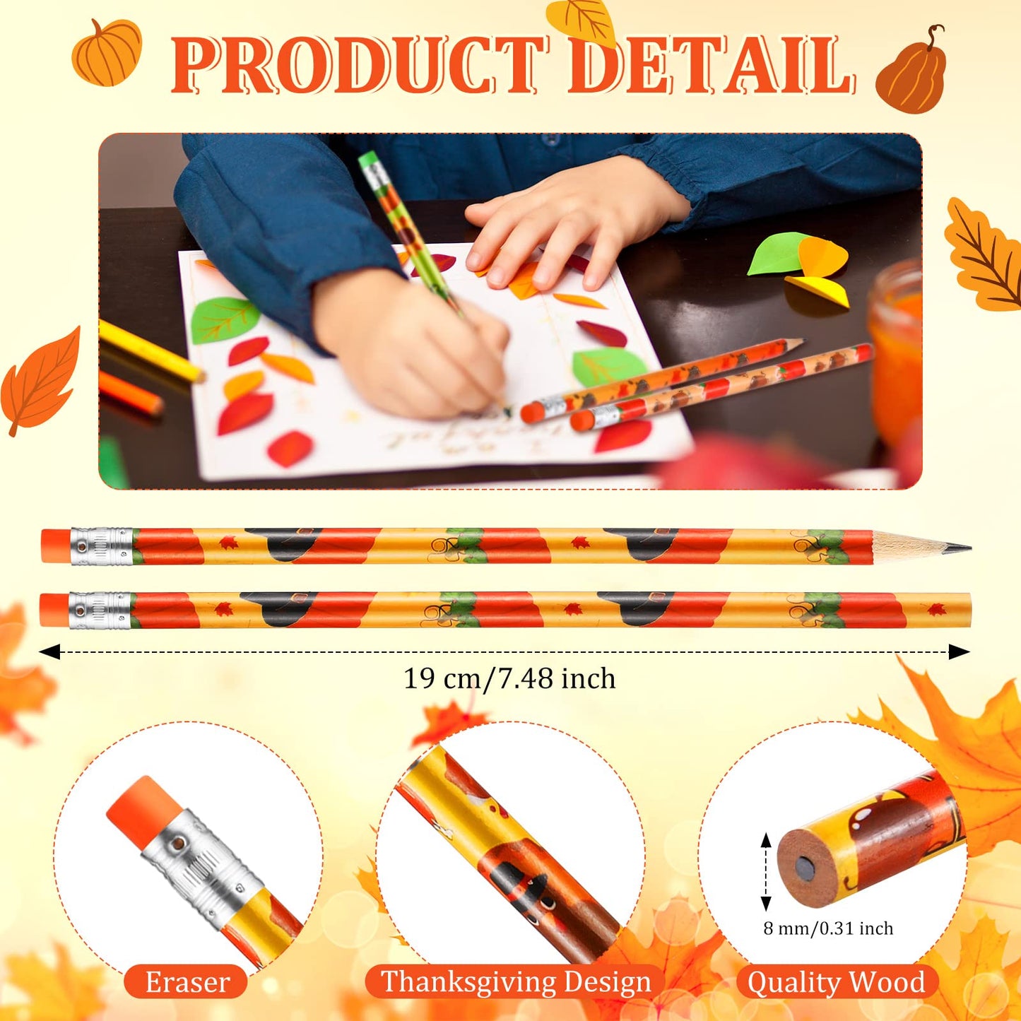 Crtiin 50 Pcs Fall Pencil Thanksgiving Assortment Wood Pencils Autumn Cylinder Funny Pencils Maple Leaf Turkey Pumpkin Decorative Pens for Kids School Supplies Autumn Party Gift, 10 Styles