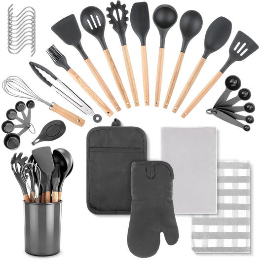 Hillsuren 37 Pcs Oven Mitts and Pot Holders with Silicone Kitchen Utensils Set Silicone Cooking Utensils Set with Holder, Kitchen Towels, Heat Resistant Gloves for Christmas Baking Cooking(Dark Gray)