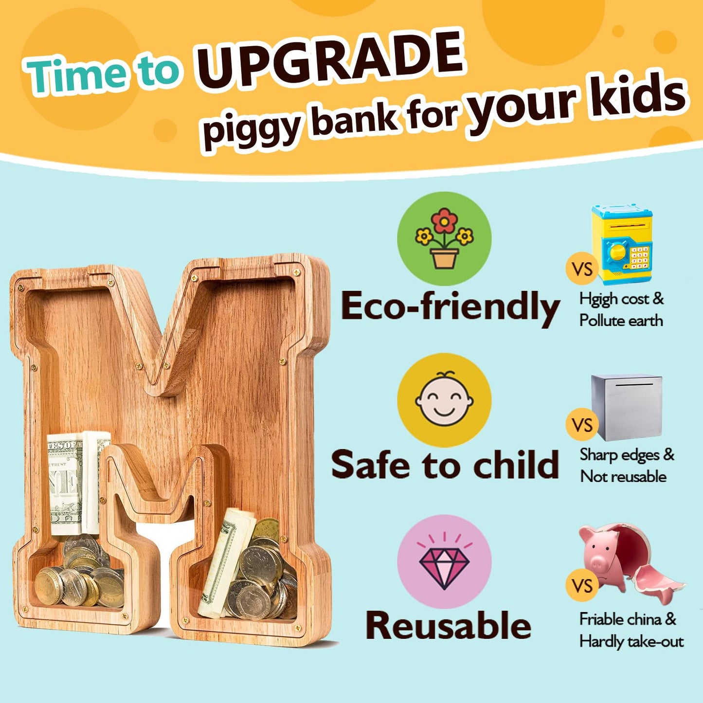 SummiDate Wooden Letter Piggy Bank for Kids| Piggy Bank for Boys Girls Toddler| Alphabet M Money Bank| Personalized Initial Wood Coin Bank Birthday for Kids (M)