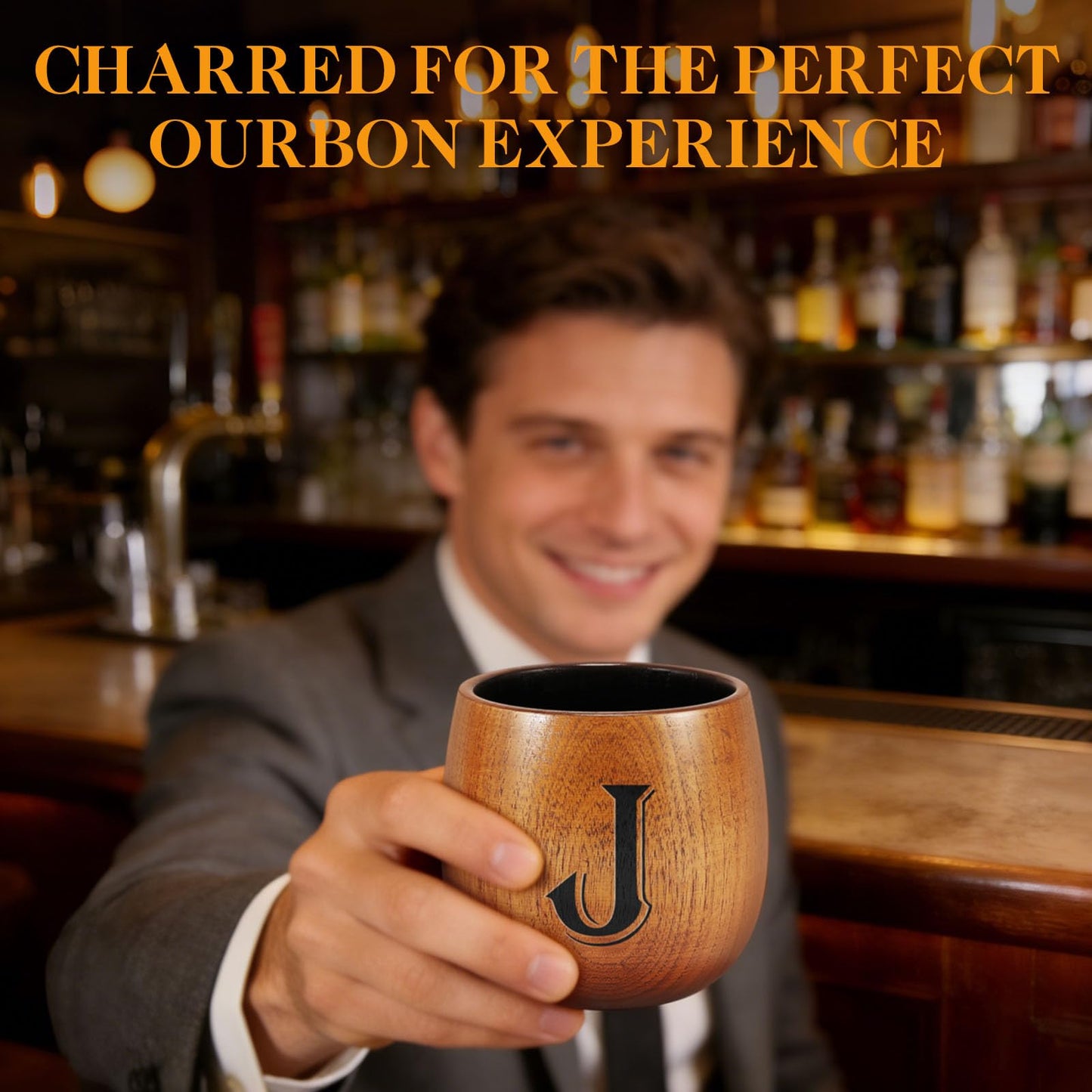 Astonlink Personalized Gifts for Men Husband Dad Boyfriend, Initial Charred Wooden Bourbon Drinking Glass & Whiskey Glasses Gift, Fathers Day Birthday Gifts for Men Dad Husband Brother Him (J)