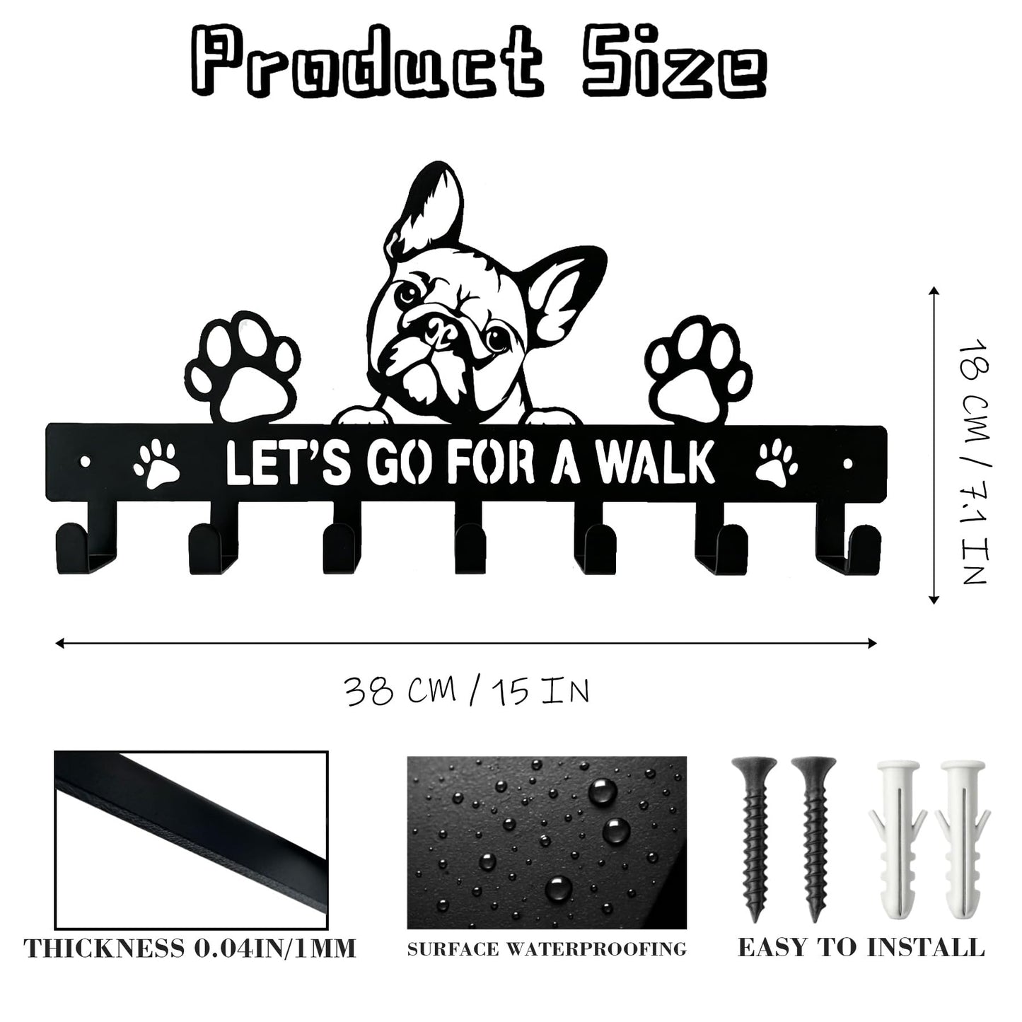 Zckjnoi French Bulldog Leash Holder for Wall, Entryway Key Rack, Wall Key Holder & Key Hanger, Black Dog Leash Hooks for Front Door, French Bulldog Decor Accessories Gift, Dog Storage