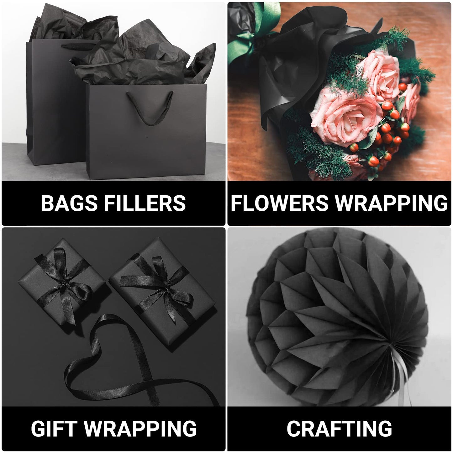 EUSOAR Black Wrapping Tissue Paper, 20x30 inches 50pcs Halloween Present Packing Tissue Paper Bulk, Pom Pom Crafts, for DIY Crafts Decorative Art Crafts Birthday Party Festival