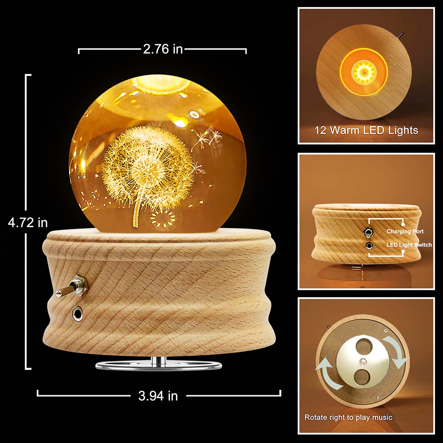 Figermoon 3D Crystal Ball Music Box with Projection LED Light and Rotating Wooden Base, Gift for Birthday, New Year, Christmas, Valentine's Day, Music Boxes for Women Mom Daughter (Dandelion)