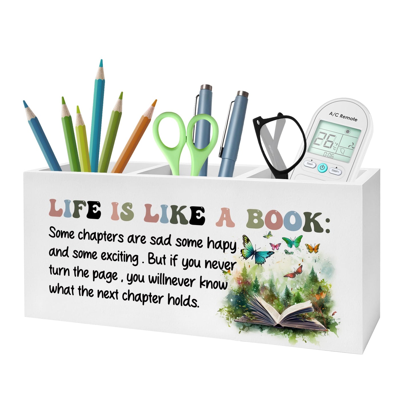 FITIE Inspirational Pencil Pen Holder for Desk, Life Is Like A Book Wooden Pencil Holder Organizer for Home Office Library Desk Accessories, Encouragement Gifts for Women