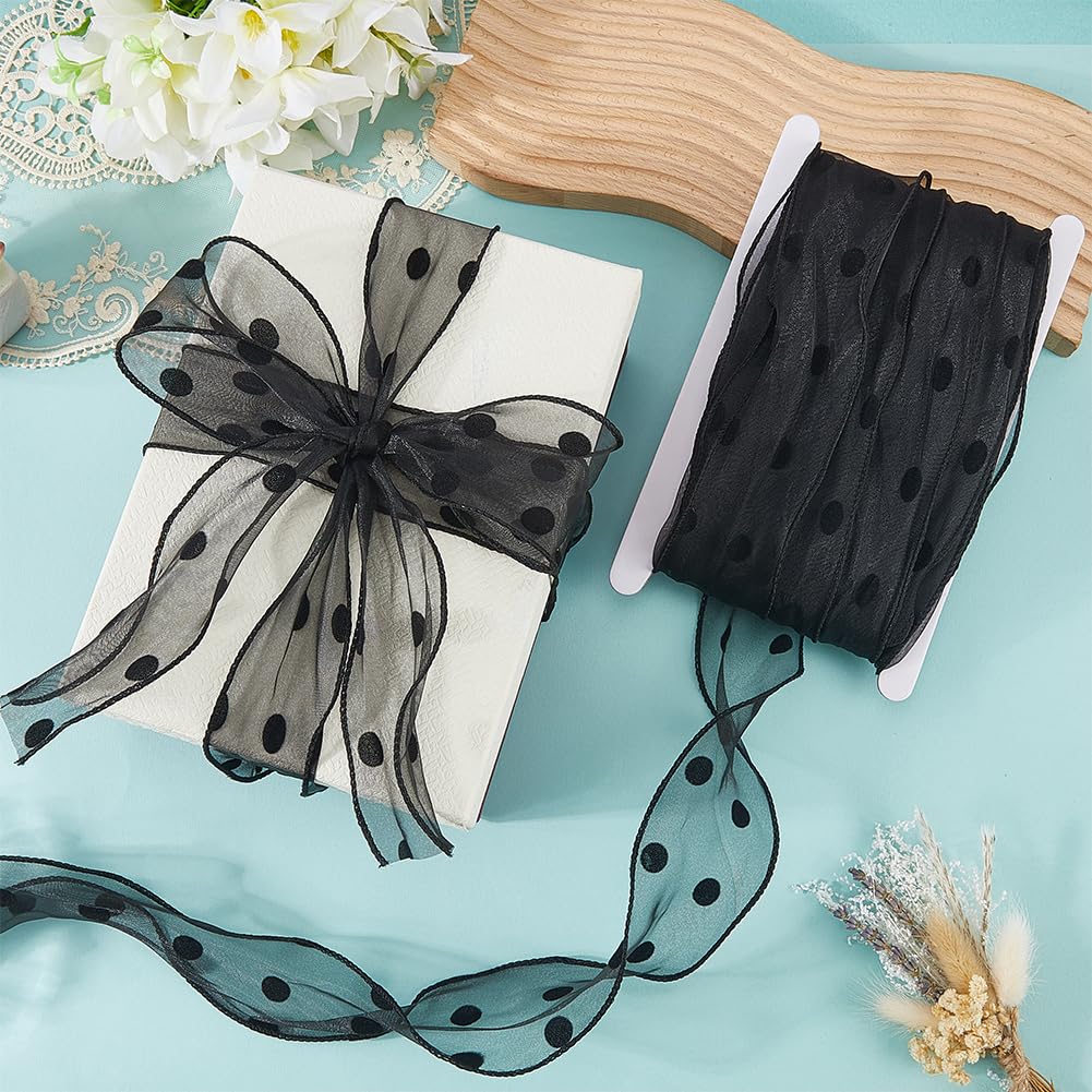 CABODYALS 27.34 Yards 2 Inch Black Polka Dot Ribbon Round Dots Edging Polyester Lightweight Sheer Organza Chiffon Band Ribbons for Gift Wrapping Hair Bows Decor Bouquet Card Making DIY Craft Supply