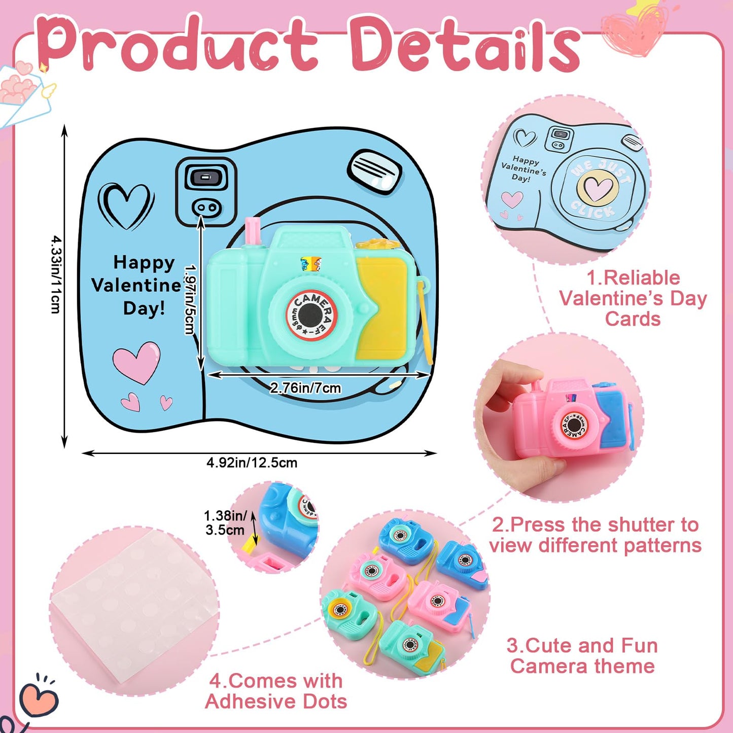 Jenaai 30 Pack Valentines Day Gifts for Kids Mini Toy Camera Bulk Set with Valentine's Greeting Cards Images in Viewfinder for Kids Classroom Exchange Gift Award Prize Party Favors