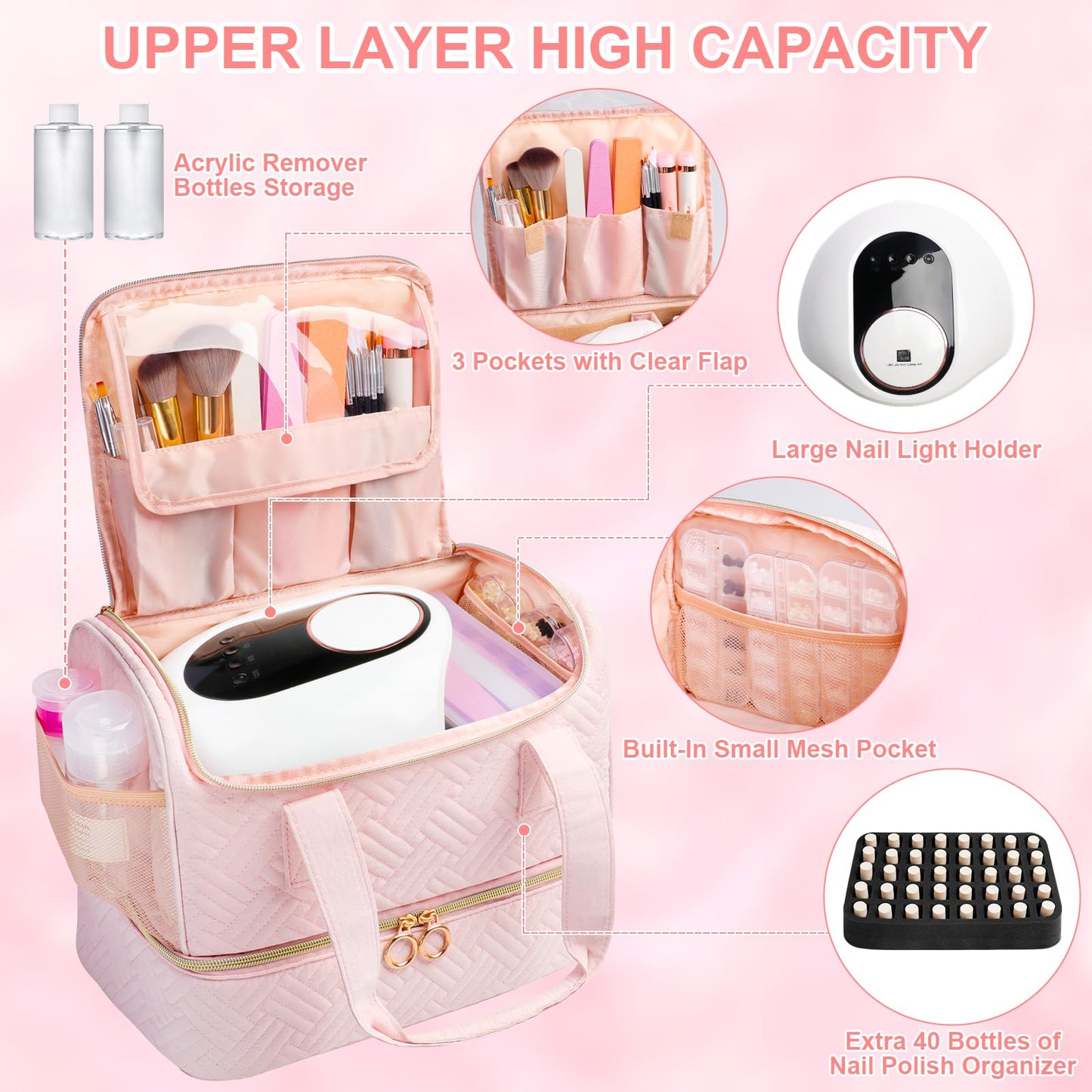 Veirdro Nail Polish Organizer Bag Holds 80 Bottles (15ml/0.5fl.oz)& Nail Lamp, Soft Velvet Nail Kit Storage Carrying Case with Shoulder Strap, Double Layer Nail Supplies Organizer Handbag Women (Pink)